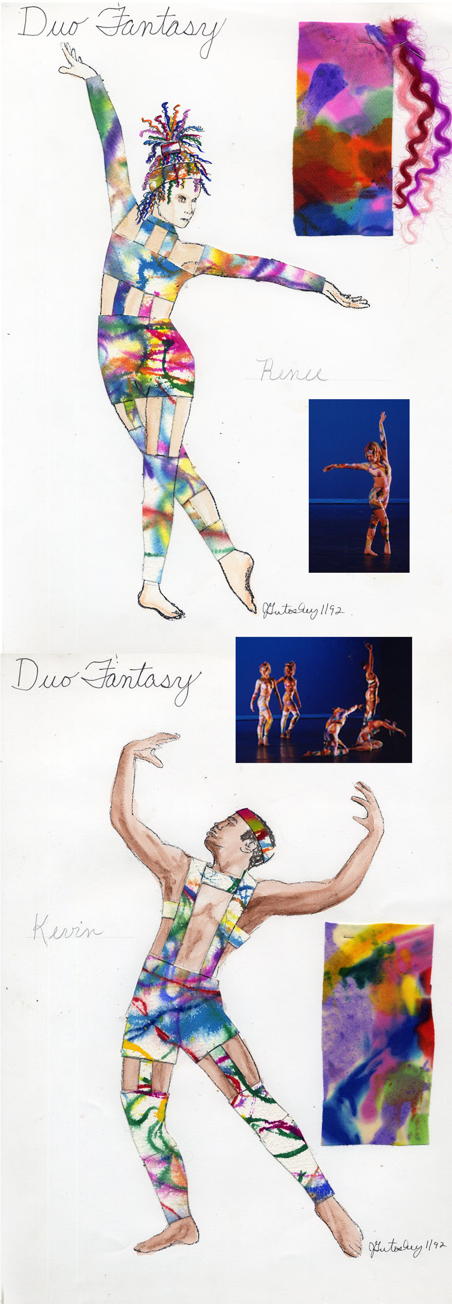 My costume designs for Linda Sprigg\'s dance, \"Duo Fantasy\", at the University of Michigan\'s Power Center Ann Arbor, Michigan 1992.  I hand dyed the fabric for 9 of these cut-out unitards. I made the head dresses with colored synthetic hair.