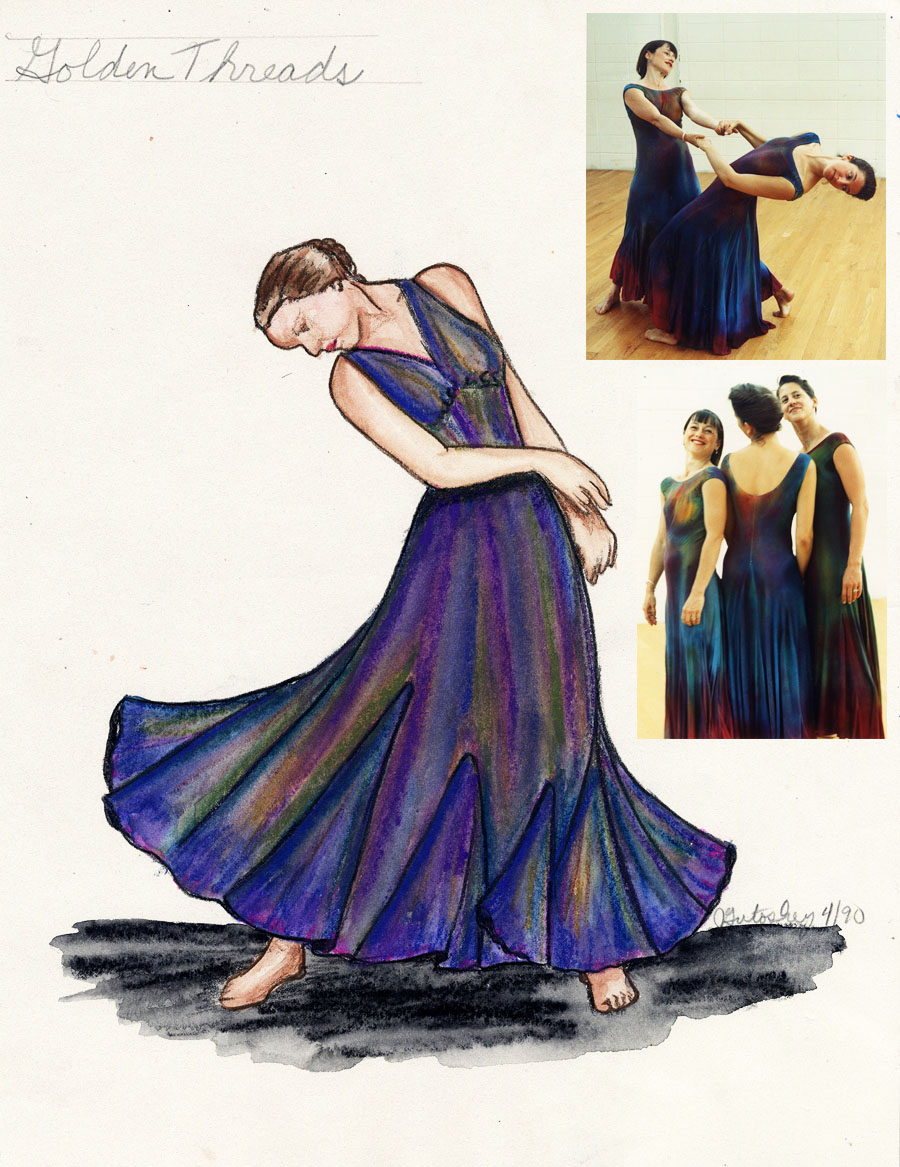 My costume designs for Mary Fehrenbach\'s dance,\"Golden Threads\", at the University of Michigan\'s Power Center Ann Arbor, Michigan 1990.  I hand dyed 5 of these rayon knit dresses.