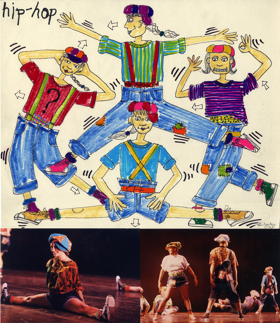 My costume designs for Renee Mueller\'s dance, \"Hip-Hop\", at the University of Michigan\'s Power Center Ann Arbor, Michigan 1993.  