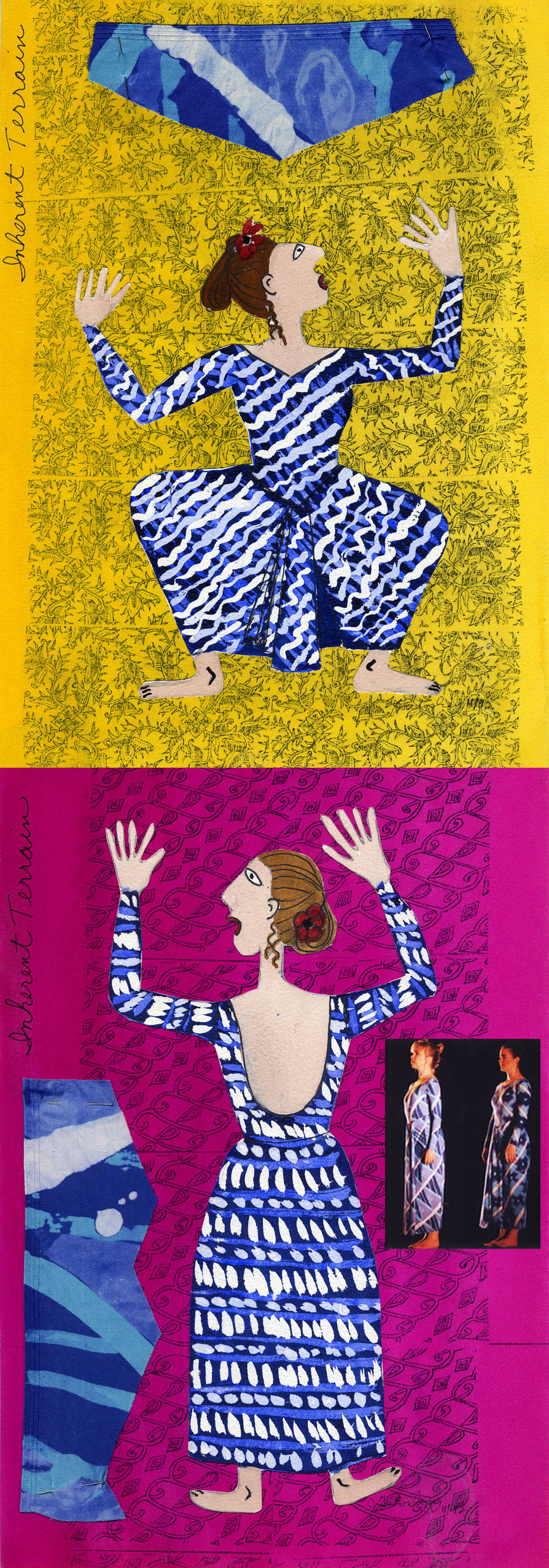 My costume designs for Gina Buntz\'s dance, \"Inherent Terrain\", at the University of Michigan\'s Power Center Ann Arbor, Michigan 1993.  I batiked 45 yards  of spandex in 15 different patterns which was then made into 15 sarong/leotards. 