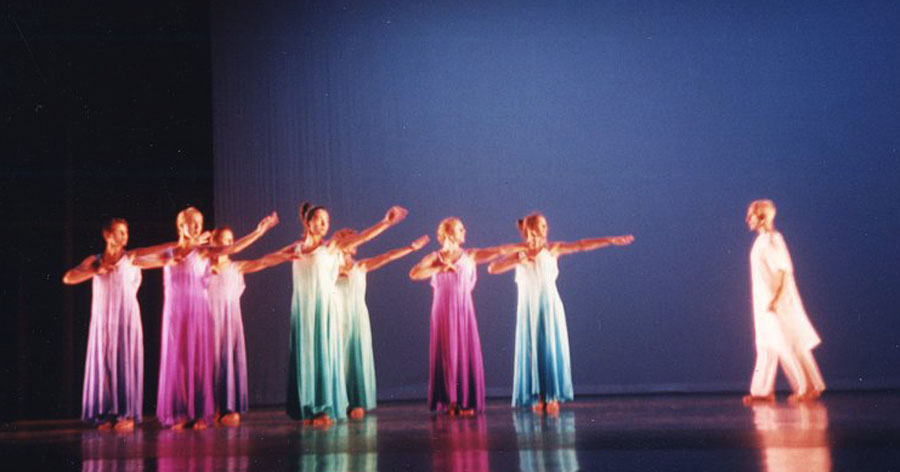 My costume designs for Peter Sparling\'s dance, \"Johnny Angel\", at the University of Michigan\'s Power Center Ann Arbor, Michigan 1993.  I hand dyed the dresses using an ombre technique.