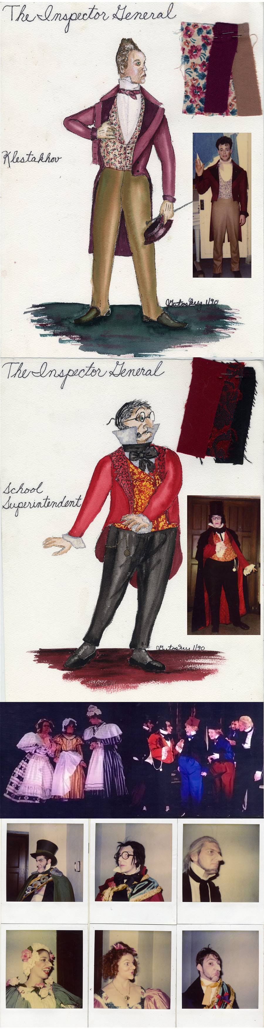 My costume designs for \"The Inspector General\" at University of Michigan\'s Mendelssohn Theater Ann Arbor, Michigan 1990. The Polaroids are of the prosthetic make-up I designed for each character.   