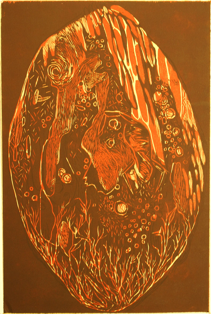 Leah Wightman, \"Amber Fossil\", woodblock, 2013