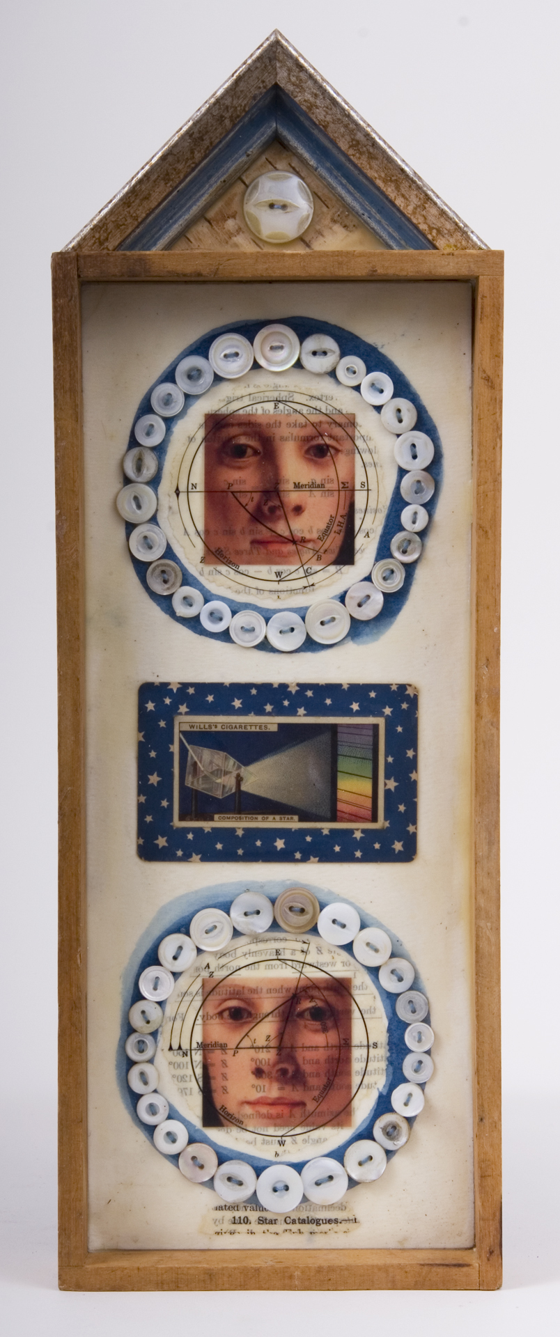     \"110. Star Catalogues\"
    mixed-media assemblage
    15.5 x 5.5 x 1.75
    2009
    SOLD
    Wood box, frame sample, birch bark, mother of pearl buttons, transparencies, fortune & tobac cards, ink, wax, astronomy text on watercolor paper