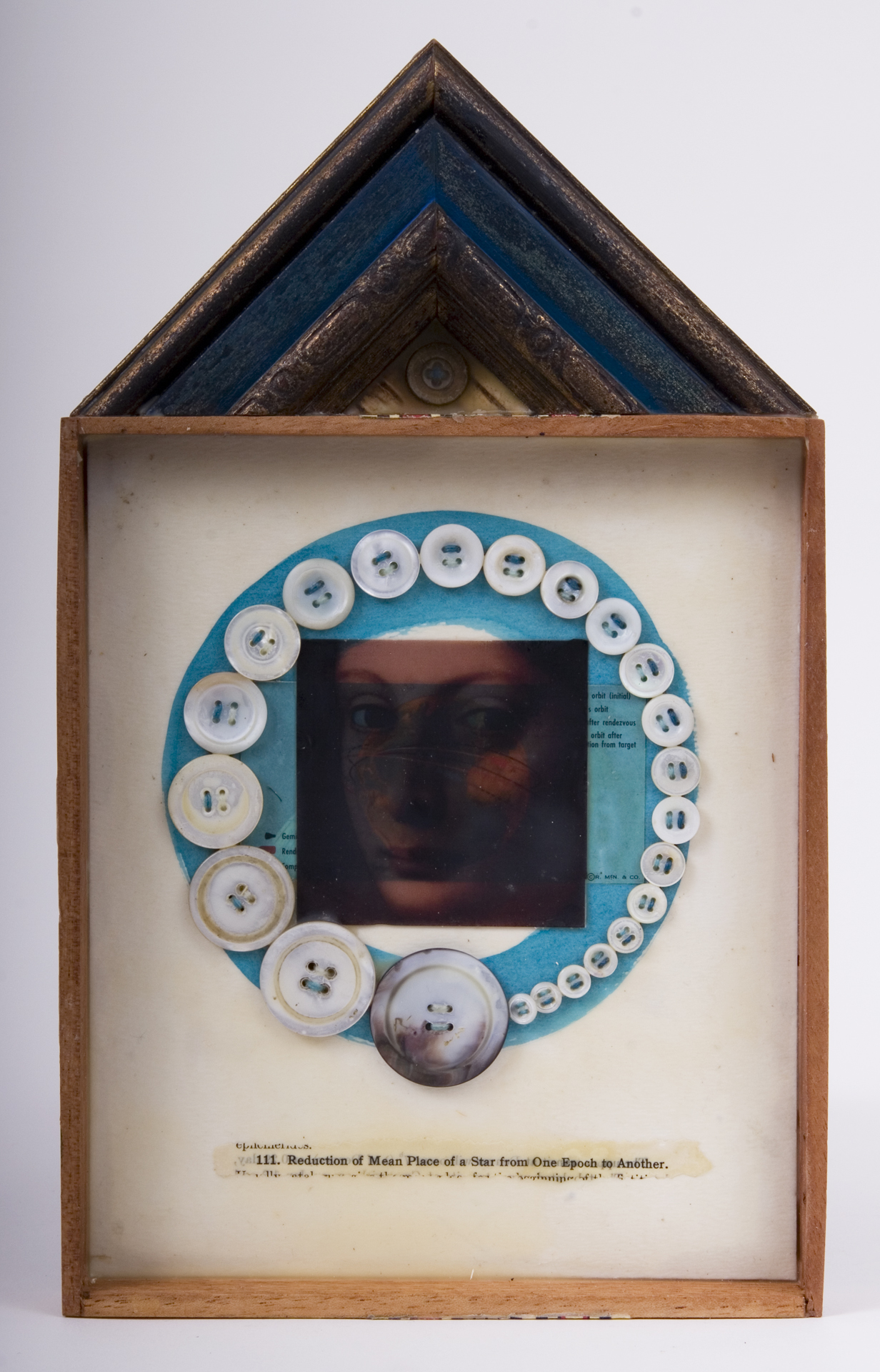 \"111. Reduction of Mean Place of a Star from One Epoch to Another\"
mixed-media assemblage
13 x 7.75 x 1
2009
SOLD
Cigar box, frame sample, birch bark, mother of pearl buttons, transparency, ink, wax, astronomy text on watercolor paper