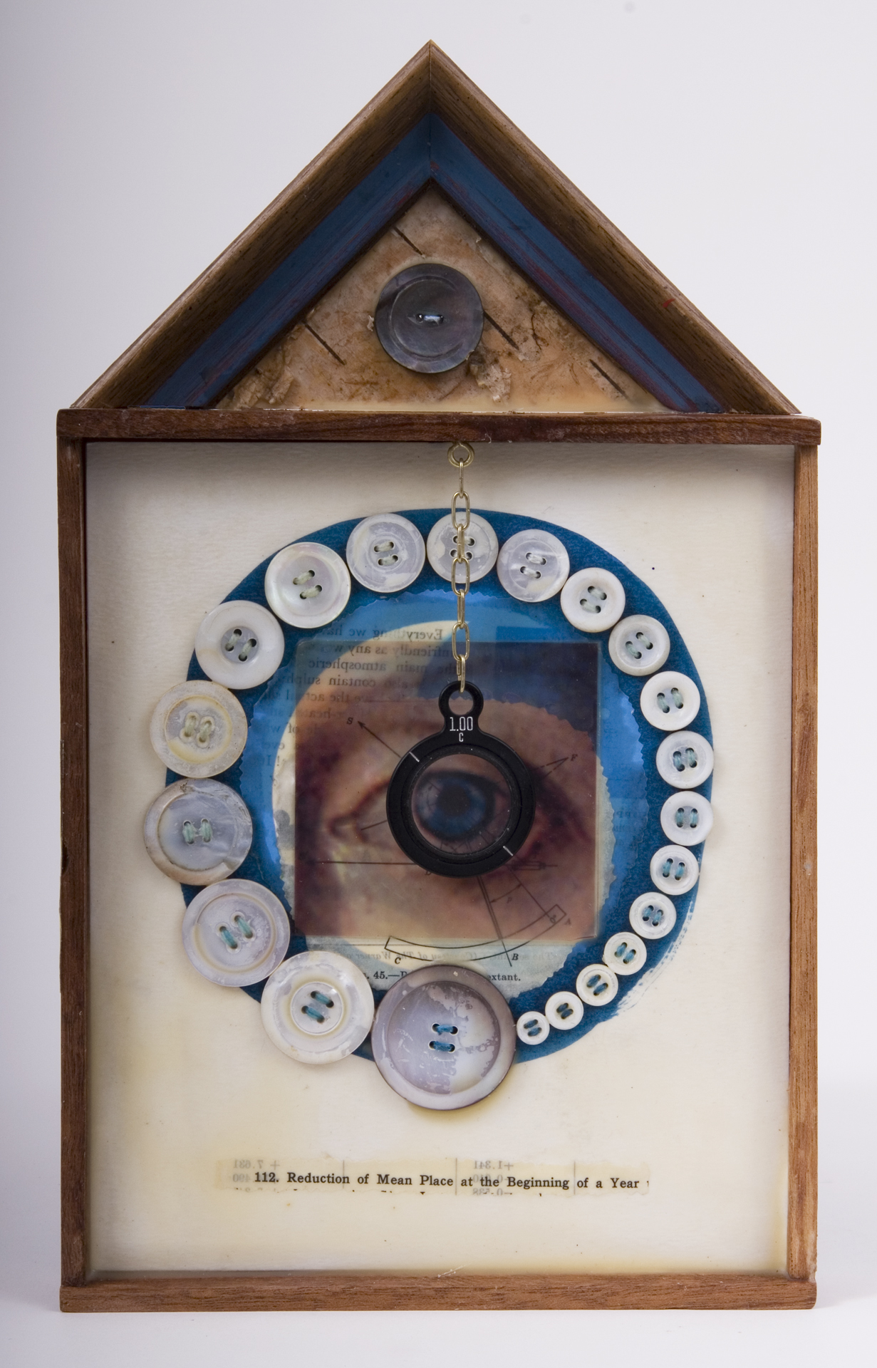 \"12. Reduction of Mean Place at the Beginning of a Year\"
mixed-media assemblage
12.5 x 7.5 x 1.5
2009
$85.00
Cigar box, frame sample, birch bark, mother of pearl buttons, fortune & tobac cards, transparency, optical lens, ink, wax, astronomy text on watercolor paper