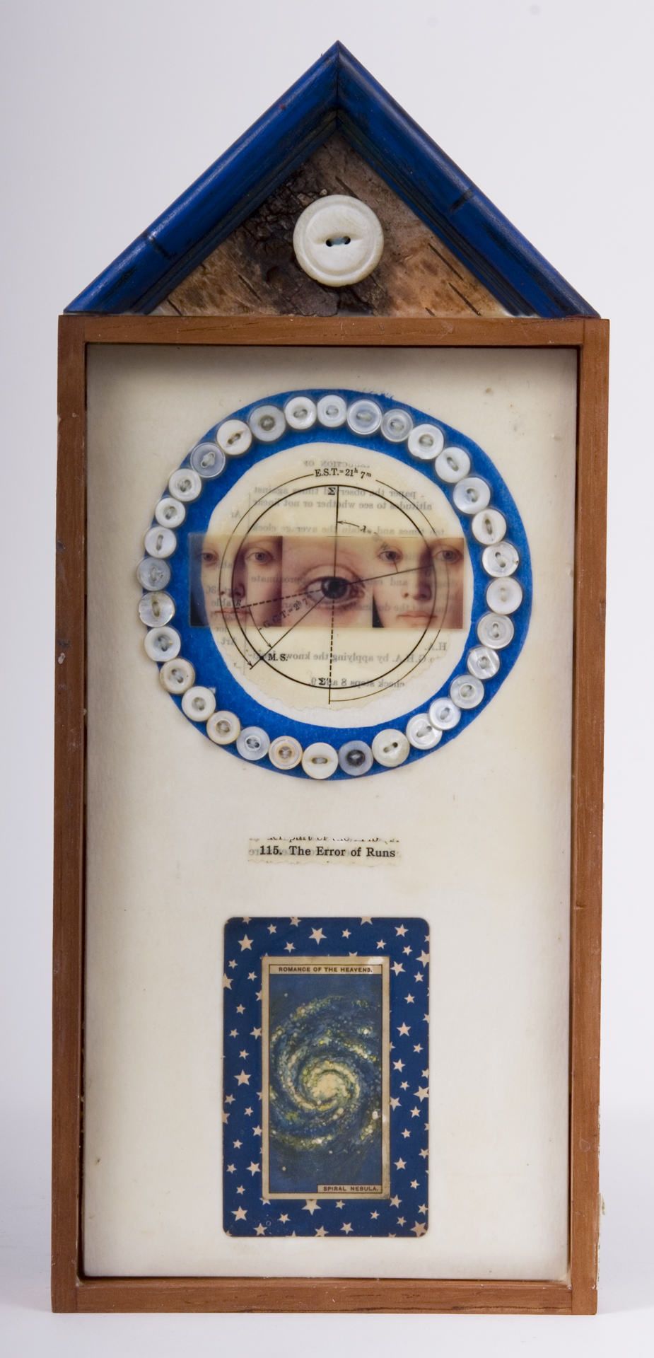    \"115. The Error of Runs\"
    mixed-media assemblage
    13.75 x 6 x 1.25
    2009
    SOLD
    Cigar box, frame sample, birch bark, mother of pearl buttons, fortune & tobac cards, transparency, ink, wax, astronomy text on watercolor paper