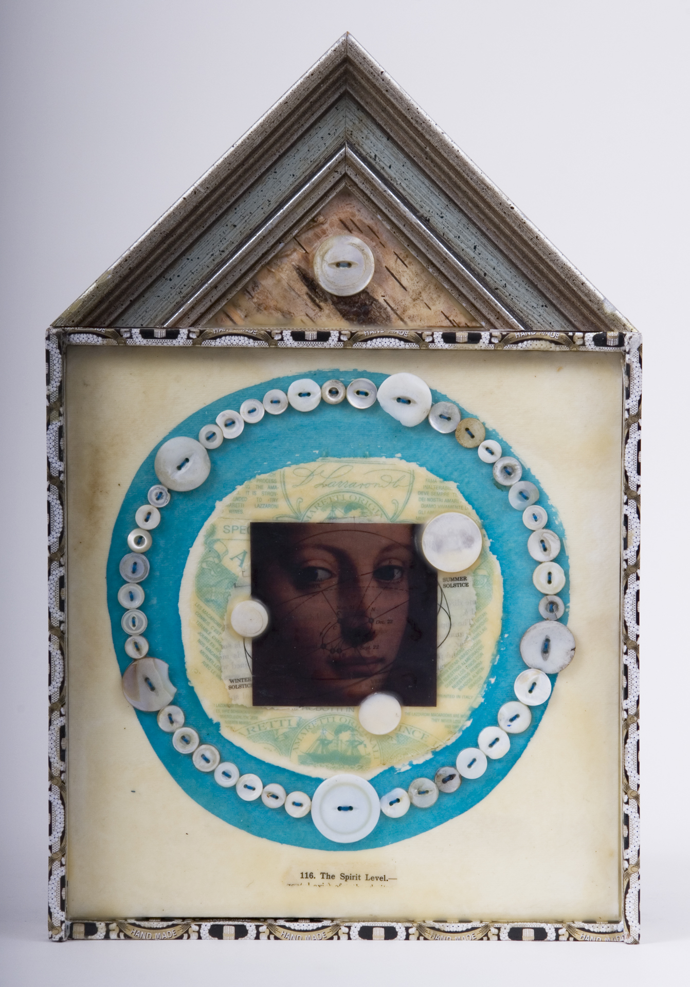     \"116. The Spirit Level\"
    mixed-media assemblage
    14.5 x 9.5 x 1.5
    2009
    SOLD
    Cigar box, frame sample, birch bark, mother of pearl buttons, transparency, cookie wrapper, ink, wax, astronomy text on watercolor paper
