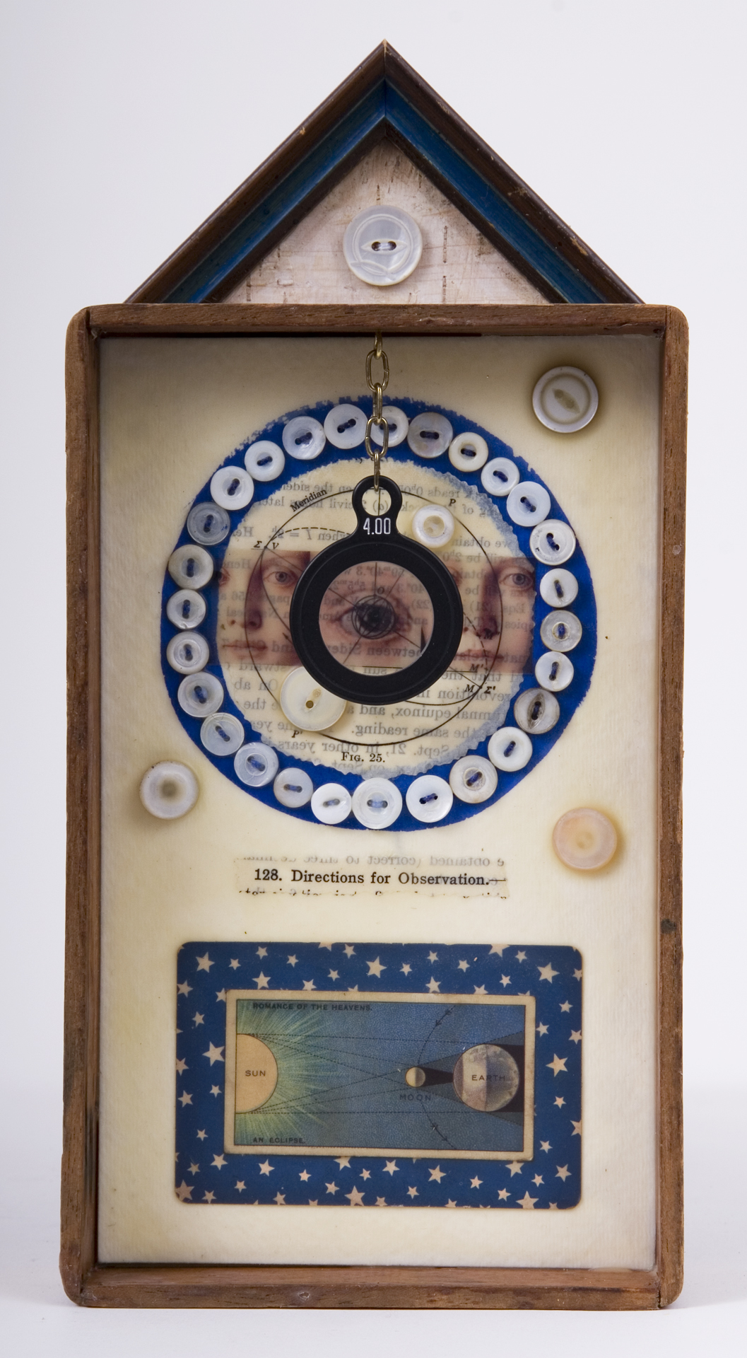     \"128. Directions for Observation\"
    mixed-media assemblage
    11 x 5.25 x 2.5
    2009
    SOLD
    Cigar box, frame sample, birch bark, mother of pearl buttons, fortune & tobac cards, transparency, optical lens, ink, wax, astronomy text on watercolor paper
