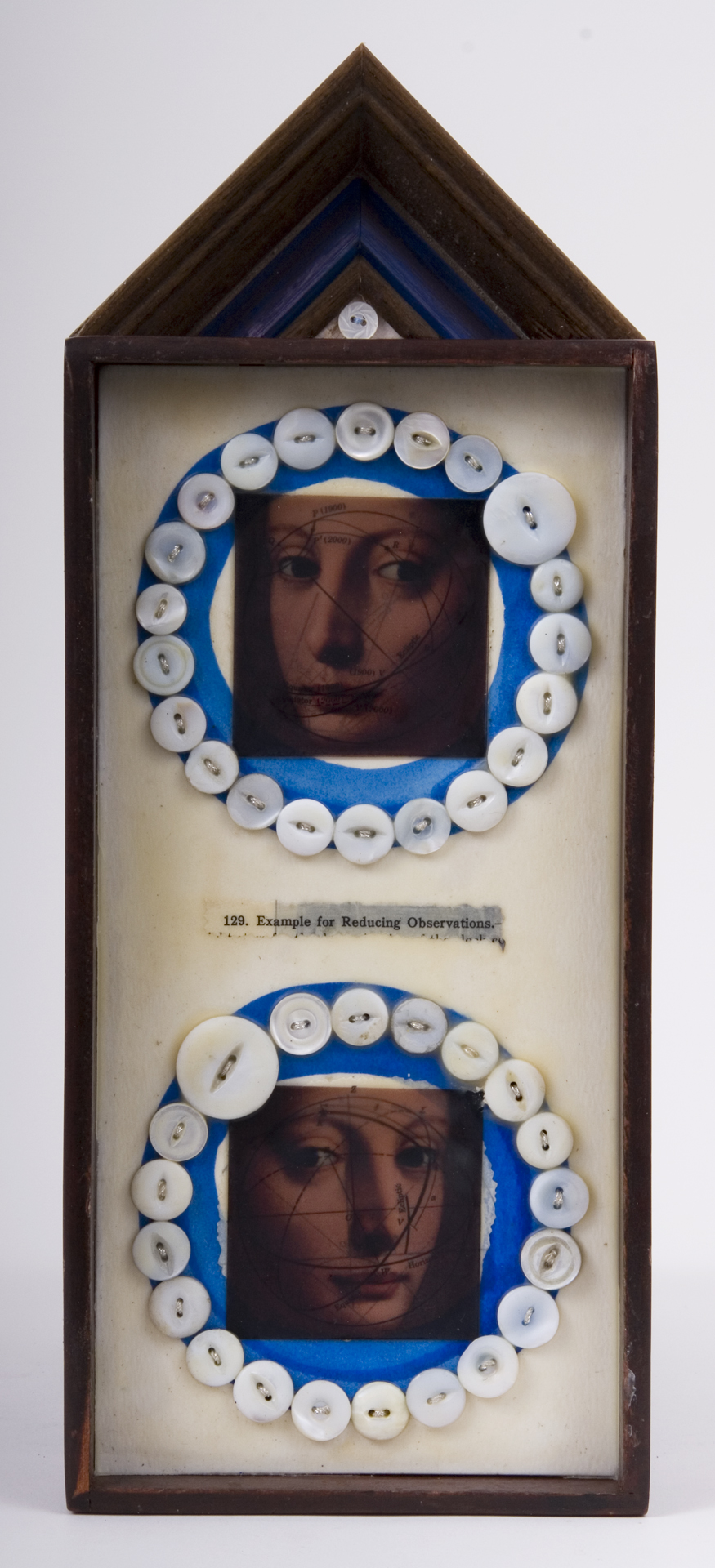 \"129. Example for Reducing Observations\"
mixed-media assemblage
14.25 x 5.75 x 2.5
2009
$95.00
Wood box, frame sample, birch bark, mother of pearl buttons, transparencies, ink, wax, astronomy text on watercolor paper