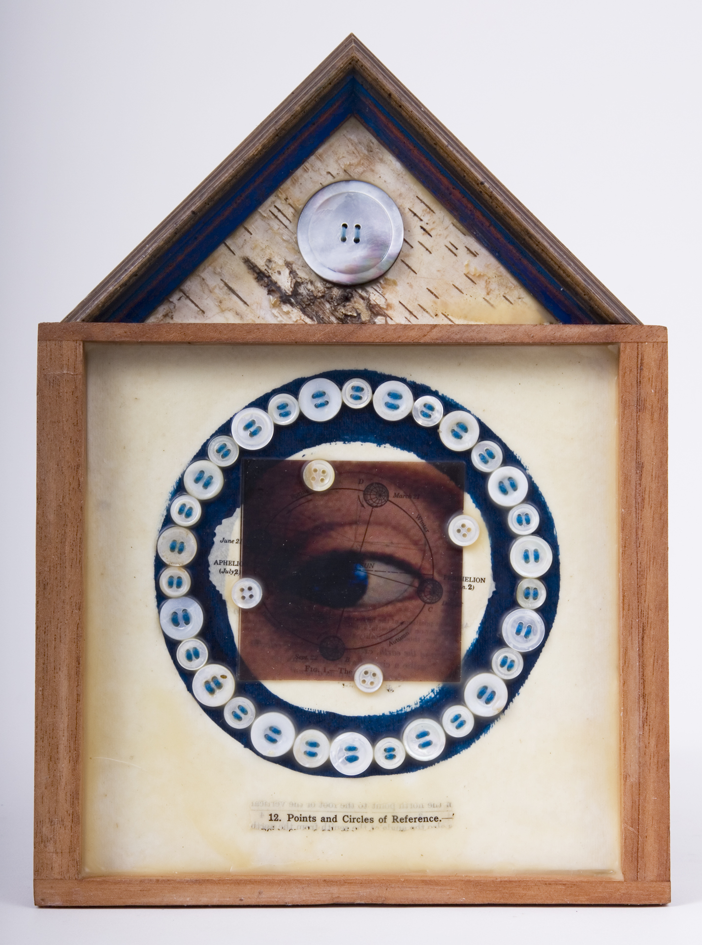 \"12. Points and Circles of Reference\"
mixed-media assemblage
11.5 x 8.5 x 1.5
2009
$85.00
Cigar box, frame sample, birch bark, mother of pearl buttons, transparency, ink, wax, astronomy text on watercolor paper