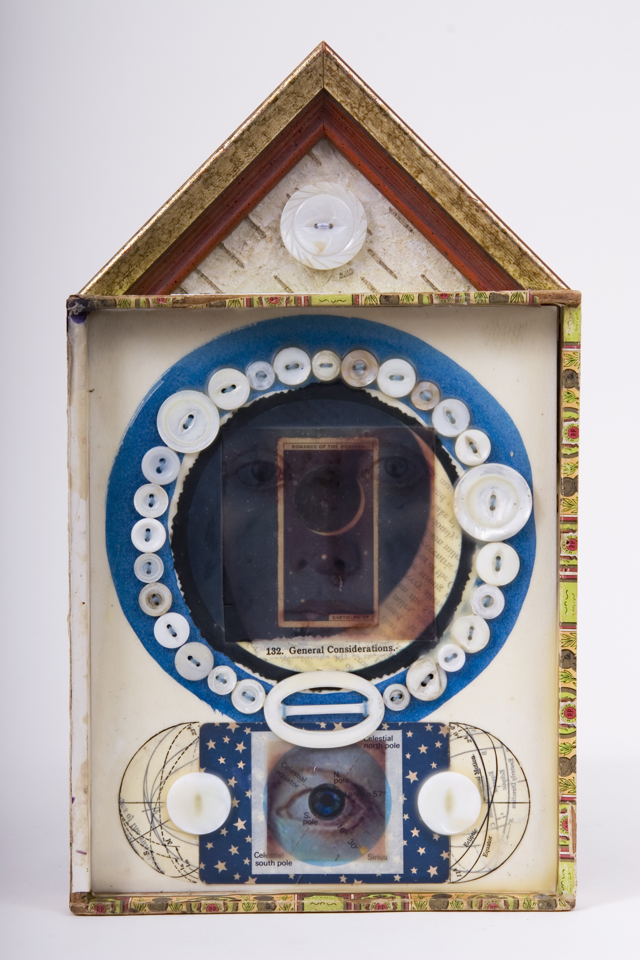     \"132. General Considerations\"
    mixed-media assemblage
    12 x 7 x 1.5
    2009
    SOLD
    Cigar box, frame sample, birch bark, mother of pearl buttons & buckle, fortune & tobac cards, transparencies, ink, wax, astronomy text on watercolor paper