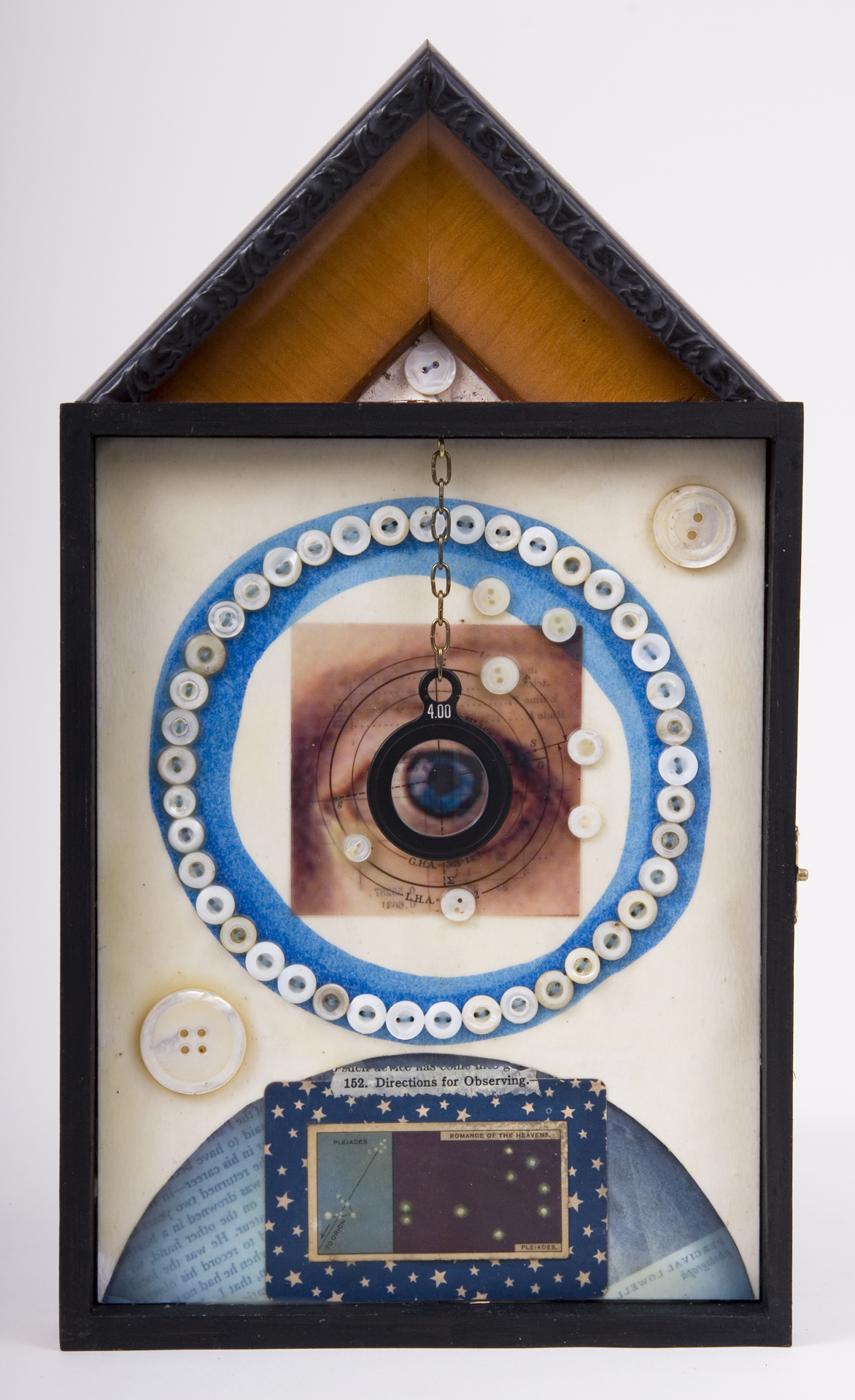     \"152. Directions for Observing\"
    mixed-media assemblage
    13.25 x 7.5 x 1.25
    2009
    SOLD
    Cigar box, frame sample, birch bark, mother of pearl buttons, fortune & tobac cards, transparency, optical lens, ink, wax, astronomy text on watercolor paper