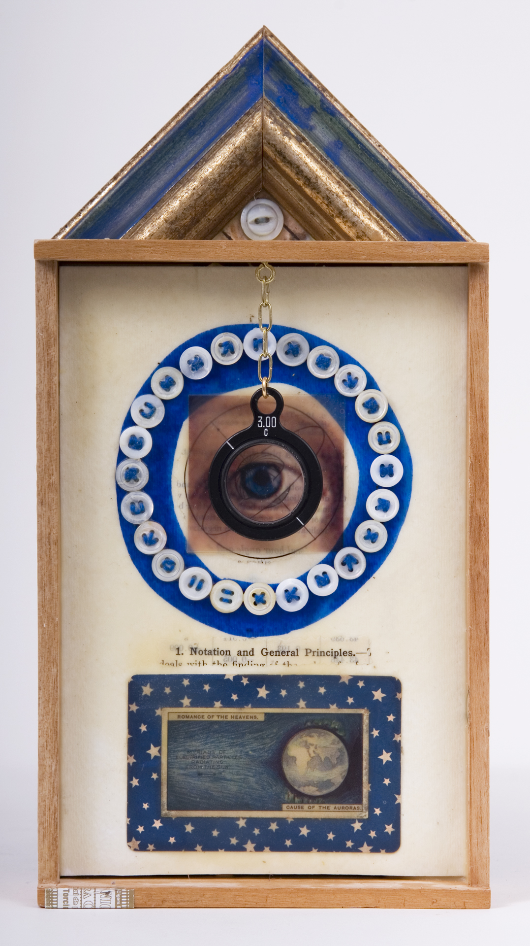     \"1. Notation and General Principles\"
    mixed-media assemblage
    11.25 x 5.75 x 2
    2009
    SOLD
    Cigar box, frame sample, birch bark, mother of pearl buttons, fortune & tobac cards, transparency, optical lens, ink, wax, astronomy text on watercolor paper