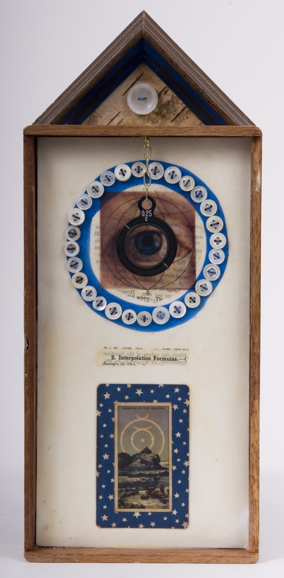      \"2. Interpolation Formulas\"
    mixed-media assemblage
    13 x 5.75 x 1.75
    2009
    SOLD

    Cigar box, frame sample, birch bark, mother of pearl buttons, fortune & tobac cards, transparency, optical lens, ink, wax, astronomy text on watercolor paper