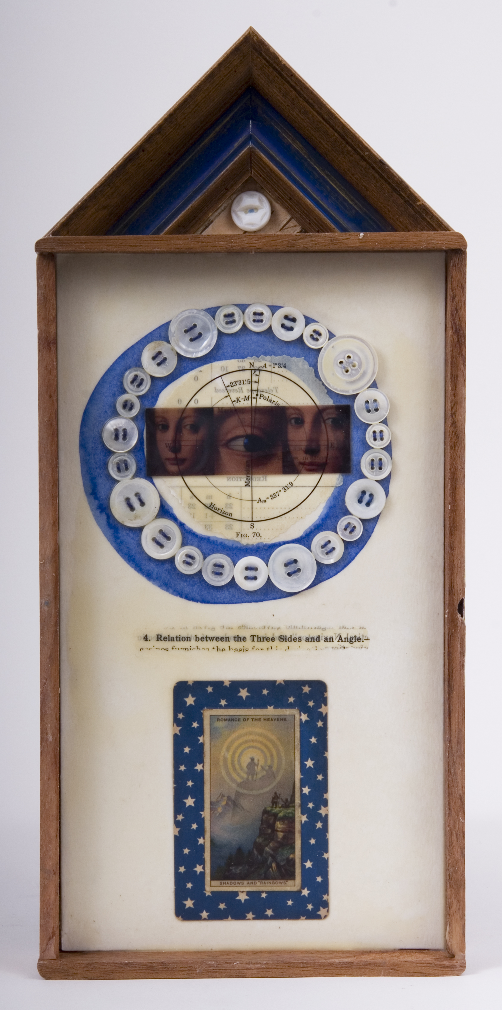     \"4. Relation between the three Sides and an Angle\"
    mixed-media assemblage
    13.75 x 6.25 x 1.75
    2009
    SOLD
    Cigar box, frame sample, birch bark, mother of pearl buttons, fortune & tobac cards, transparency, ink, wax, astronomy text on watercolor paper