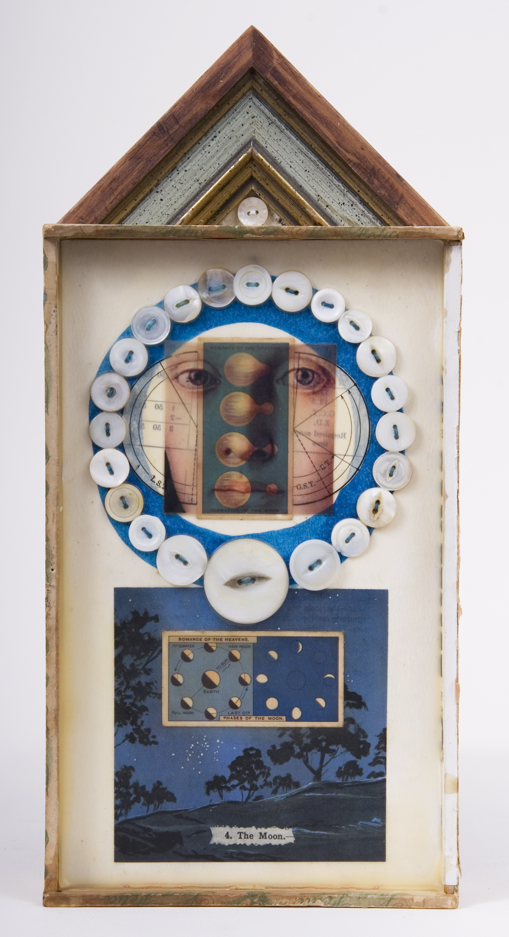    \"4. The Moon\"
    mixed-media assemblage
    12.75 x 6 x 2
    2009
    SOLD
    Cigar box, frame sample, birch bark, mother of pearl buttons, fortune & tobac cards, transparency, ink, wax, astronomy text on watercolor paper