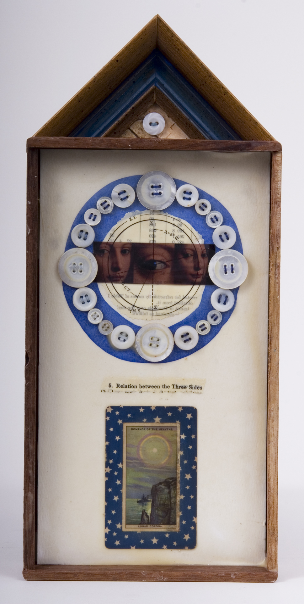     \"5. Relation Between the Three Sides\"
    mixed-media assemblage
    13.75 x 6.25 x 1.75
    2009
   SOLD
    Cigar box, frame sample, birch bark, mother of pearl buttons, fortune & tobac cards, transparency, ink, wax, astronomy text on watercolor paper