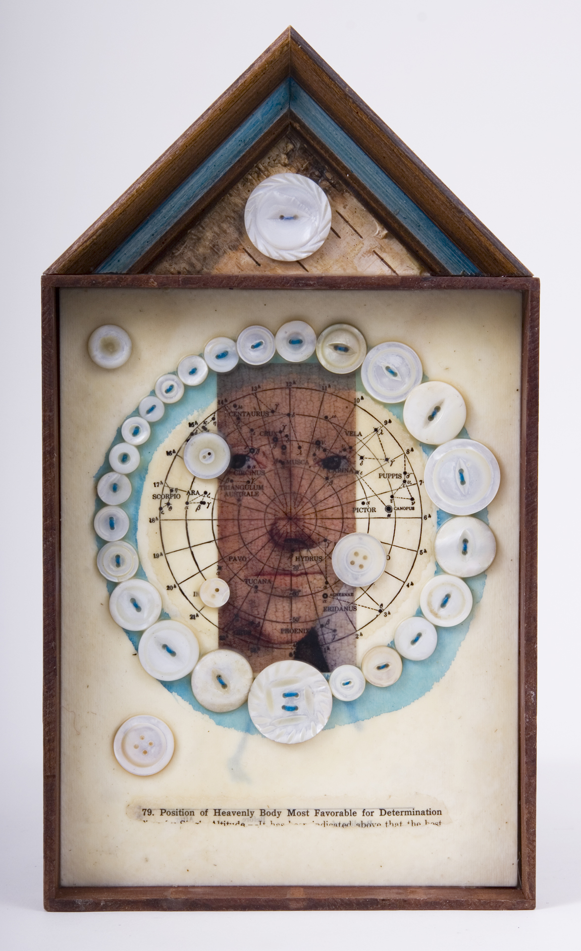\"79. Position of Heavenly Body Most Favorable for Determination\"
mixed-media assemblage
12.25 x 7 x
2009
$85.00
 Cigar box, frame sample, birch bark, mother of pearl buttons, transparency, ink, wax, astronomy text on watercolor paper