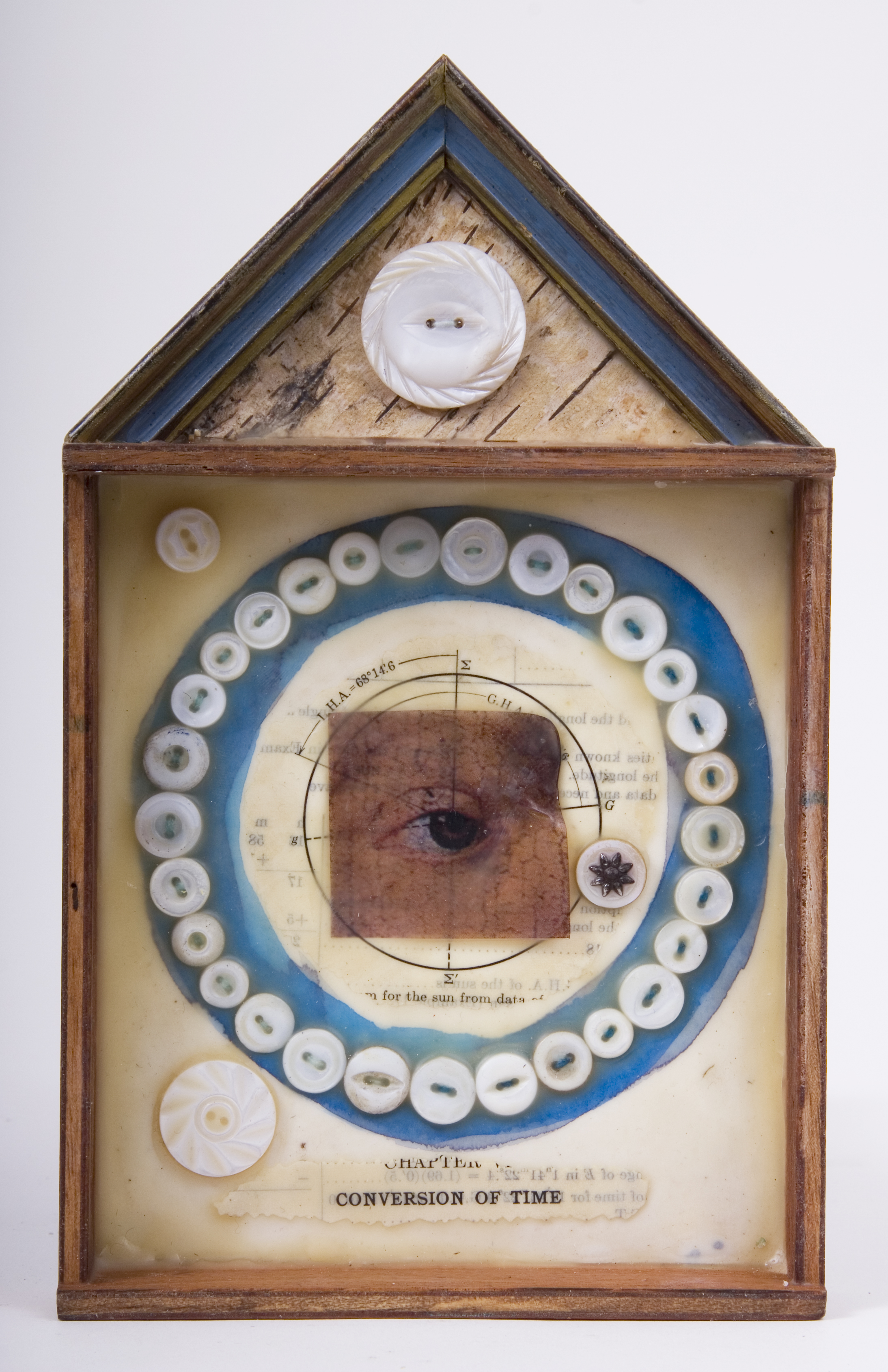 \"Conversion of Time\"
mixed-media assemblage
9 x 5.5 x 1.25
2009
$75.00
Cigar box, frame sample, birch bark, mother of pearl buttons, transparency, ink, wax, astronomy text on watercolor paper