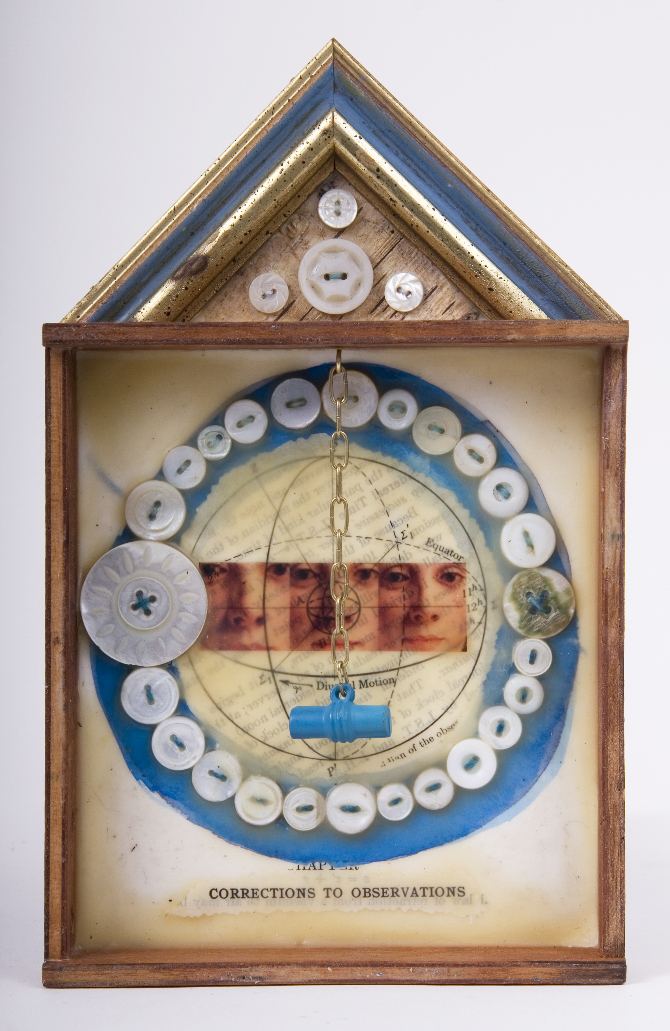    \"Corrections to Observations\"
    mixed-media assemblage
    9 x 5.5 x 1.25
    2009
    $75.00
    Cigar box, frame sample, birch bark, mother of pearl buttons,  chain, plastic blue button,transparency, ink, wax, astronomy text on watercolor paper