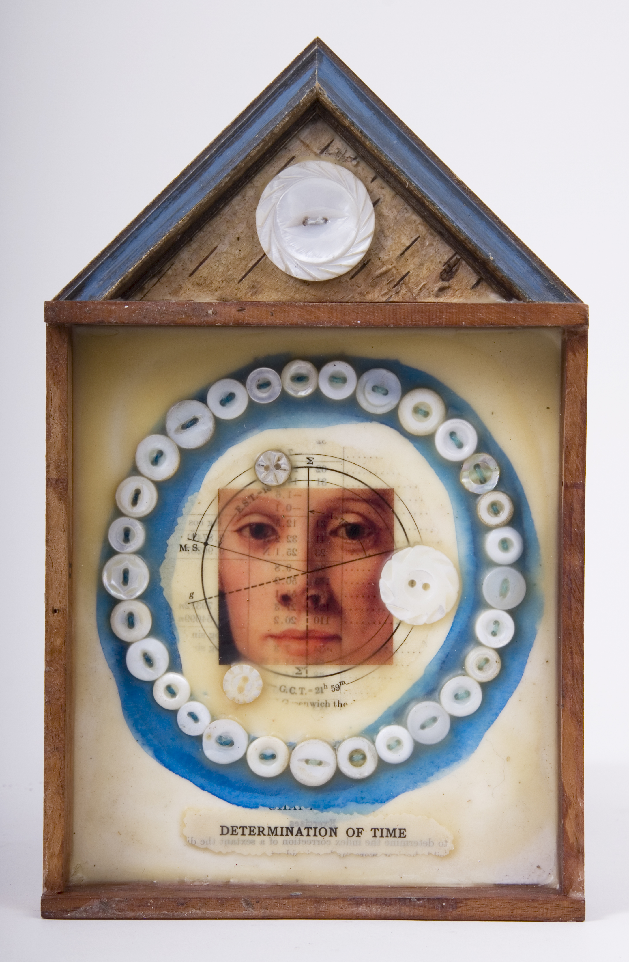     \"Determination of Time\"
    mixed-media assemblage
    9 x 5.5 x 1.25
    2009
    $75.00
    Cigar box, frame sample, birch bark, mother of pearl buttons, transparency, ink, wax, astronomy text on watercolor paper