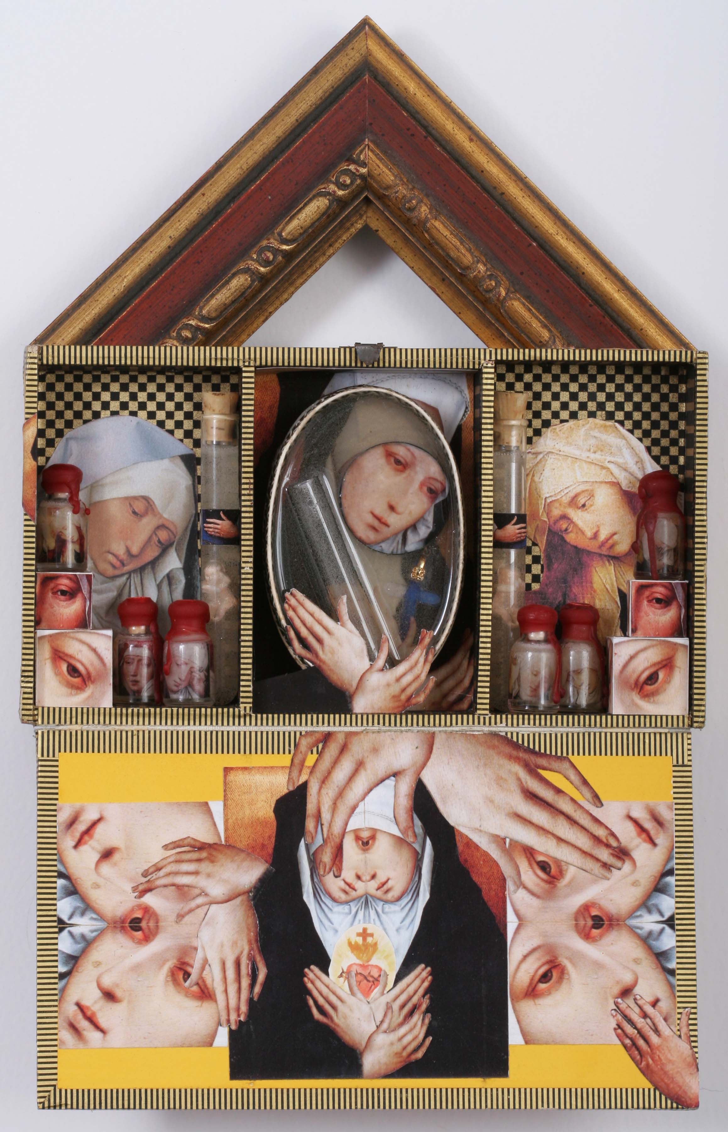     \"Lamentation\"
    mixed-media assemblage
    9.125 x 15 x 1.5
    2008
     SOLD
    Assemblage in cigar box with glass vials & test tubes, digitally altered scans on paper, wood cubes, glass cross, plastic baby charm, oval paper box, resin, frame sample, paper