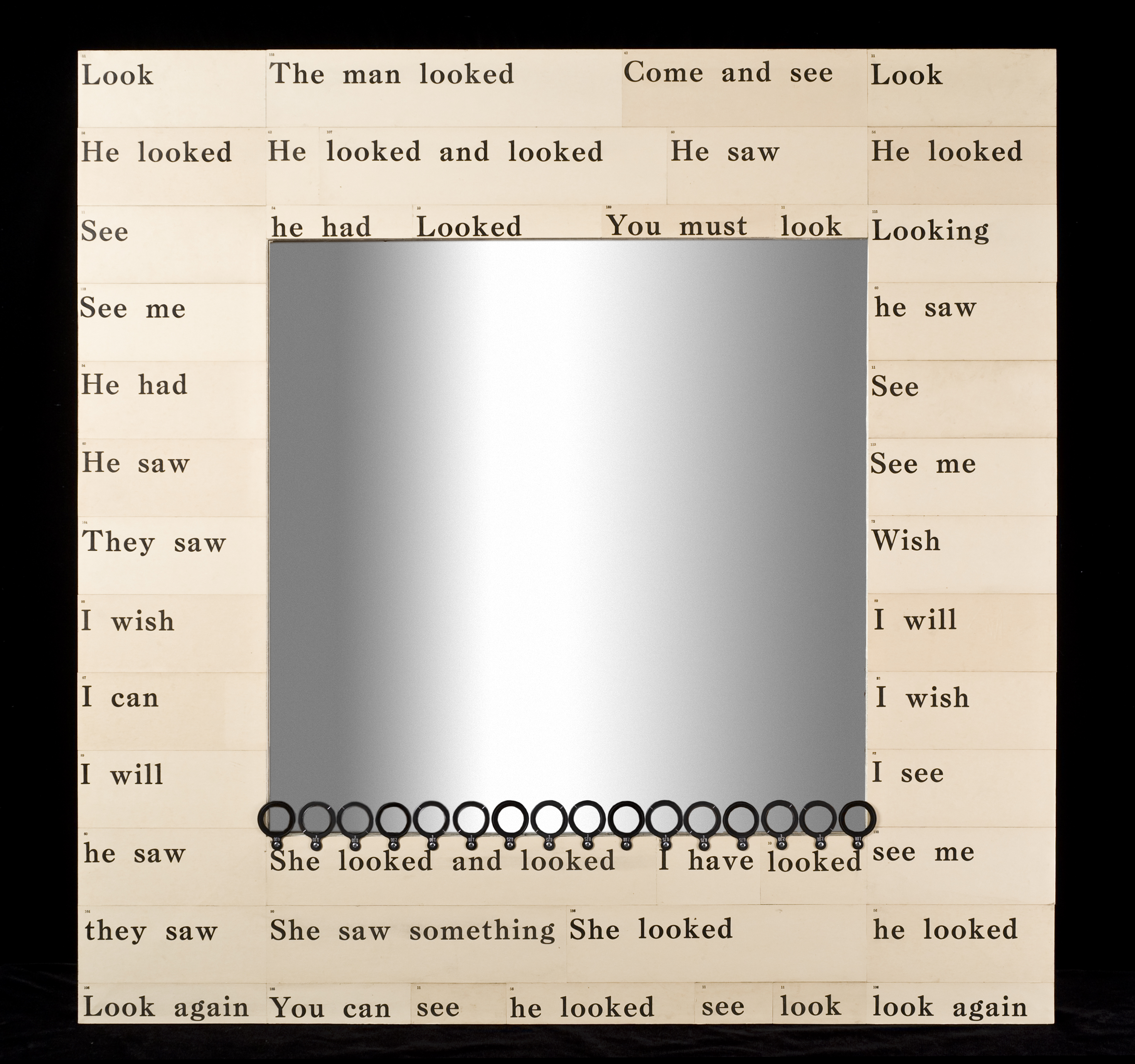     \"Looking Glass\"
    assemblage
    40\" w x 40\" h x 1\"d
    2009

    SOLD

    Mirror w/ mitered pine frame covered in word, phrase, & sentence cards circa 1936, opticial lenses, pages about eye problems from an early 20th c. home health book, wax 