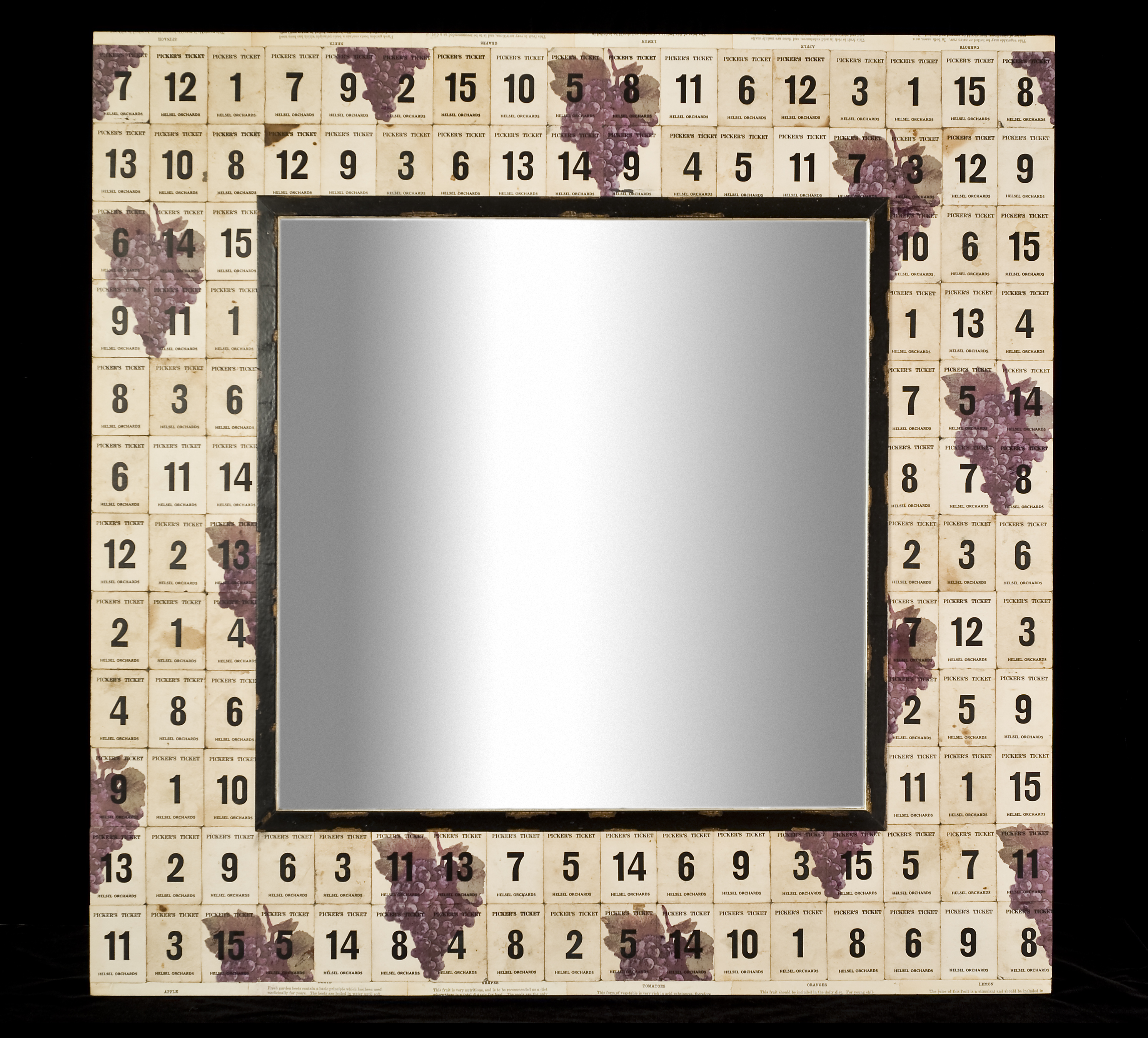     \"Orchard Mirror\"
    assemblage
    40\" w x 40\" h x 1\"d
    2009

    SOLD

    Mirror w/ mitered pine frame covered in pickers tickets from a northern Michigan orchard, some printed with bunches of grapes, wood trim, pages about medicinal uses of fruits & vegetables from an early 20th c. home health book, wax 