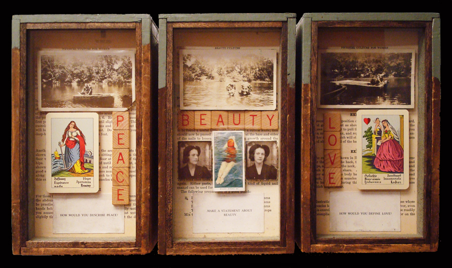 \"Peace Beauty Love\"
mixed media assemblage  10\"h x 5.75\"w x 4.75\"d (each)
2011
