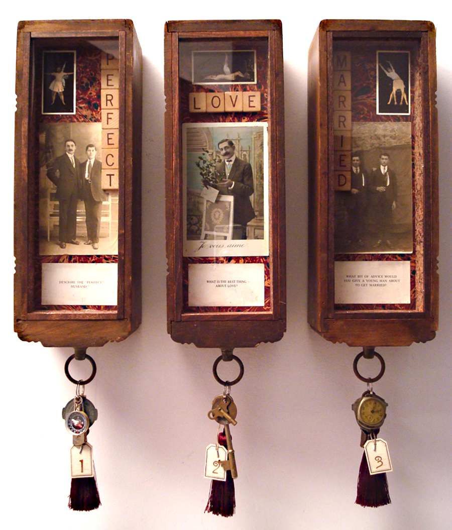 \"Perfect Love Married\"
mixed media assemblage  13\"h x 4.25\"w x 4\"d (each)
2011
