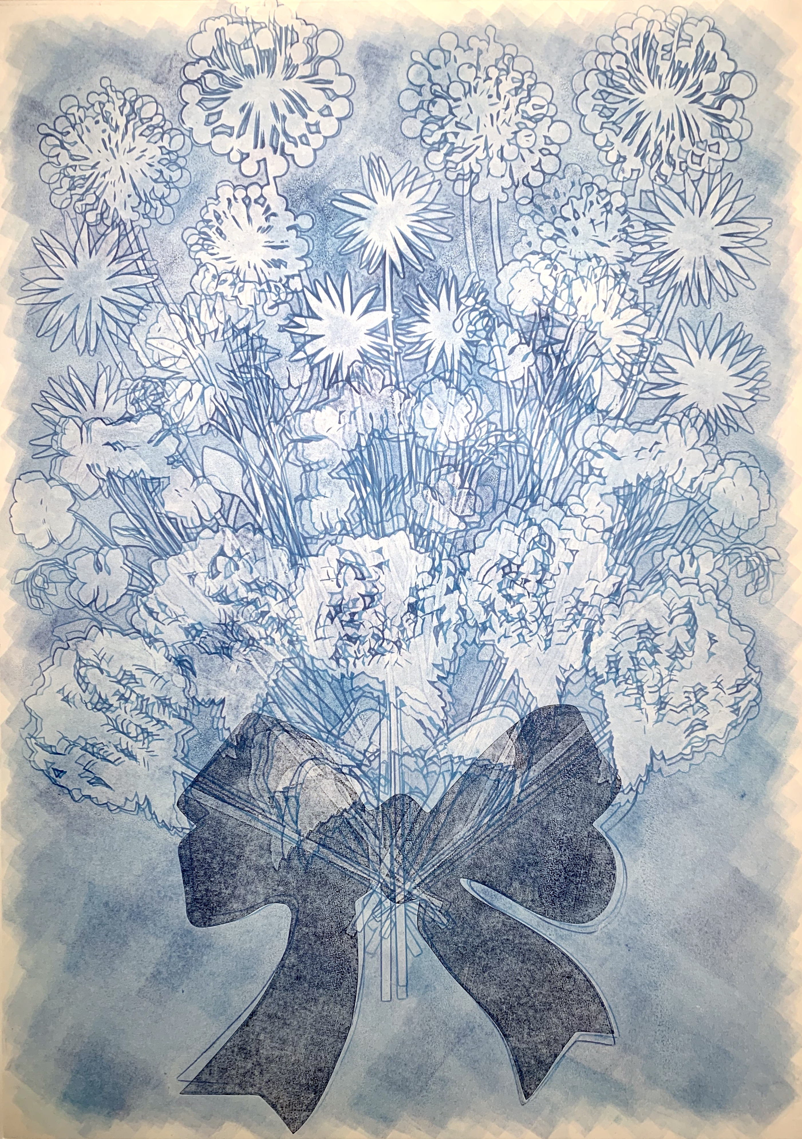 Blue Ghost Bouquet, 28\"h x 20\"w, monoprint w/ pochoir on Arches88, 2022
