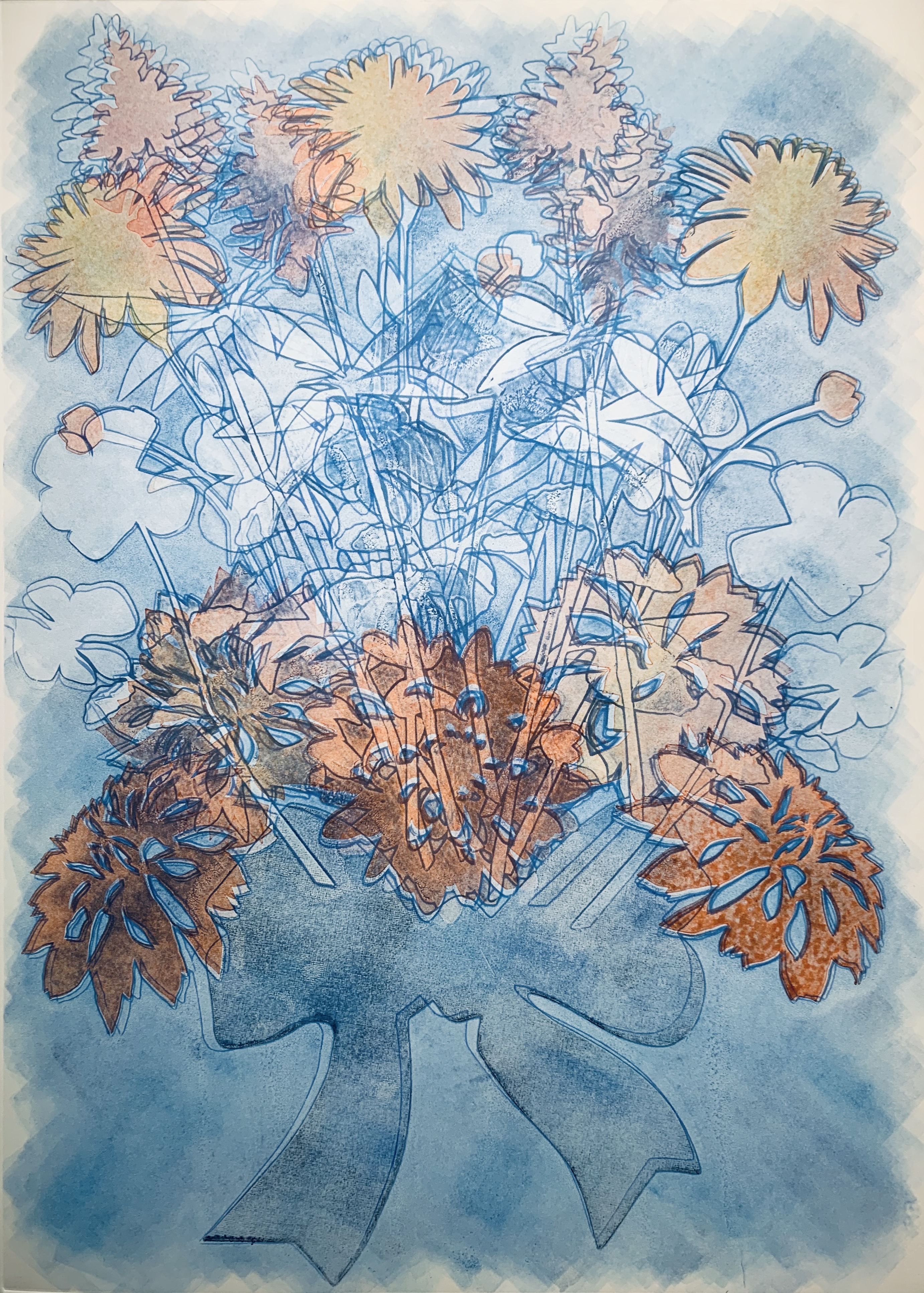 Blue & Orange Ghost Bouquet, 28\"h x 20\"w, monoprint w/ pochoir on Arches88, 2022