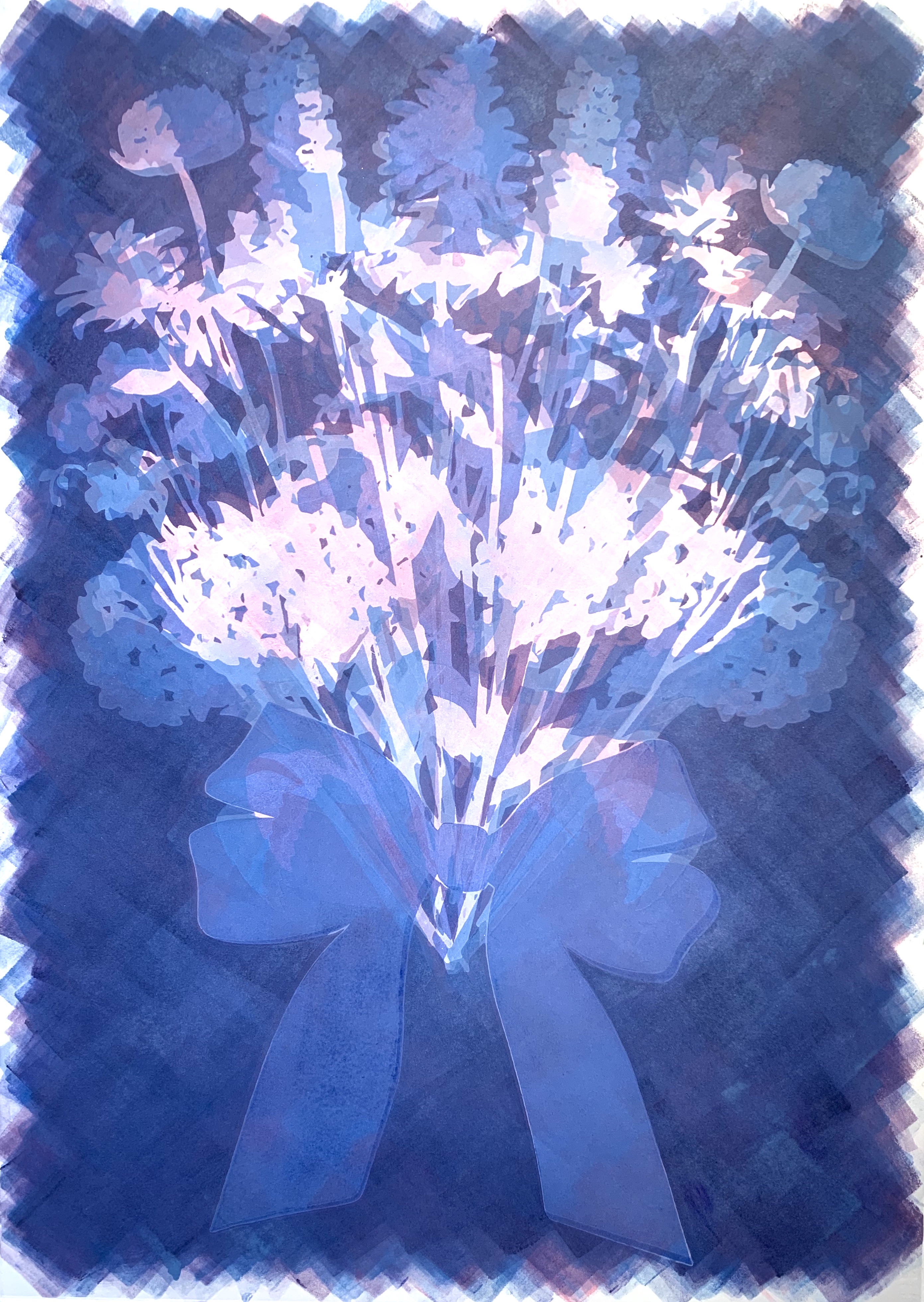 Blue & Purple Bouquet, 28\"h x 20\"w, monoprint w/ pochoir on Arches88, 2022