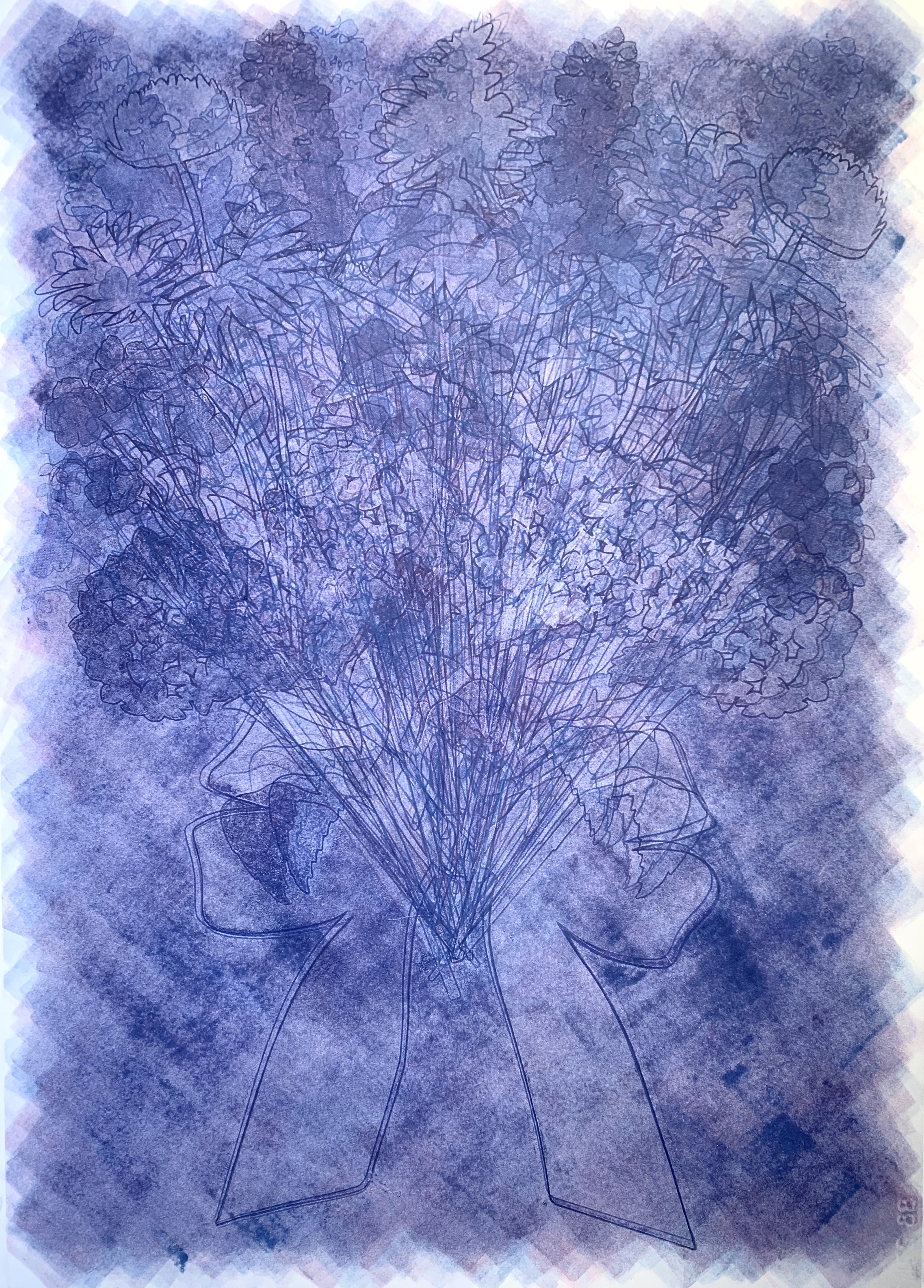 Blue & Purple Ghost Bouquet, 28\"h x 20\"w, monoprint w/ pochoir on Arches88, 2022