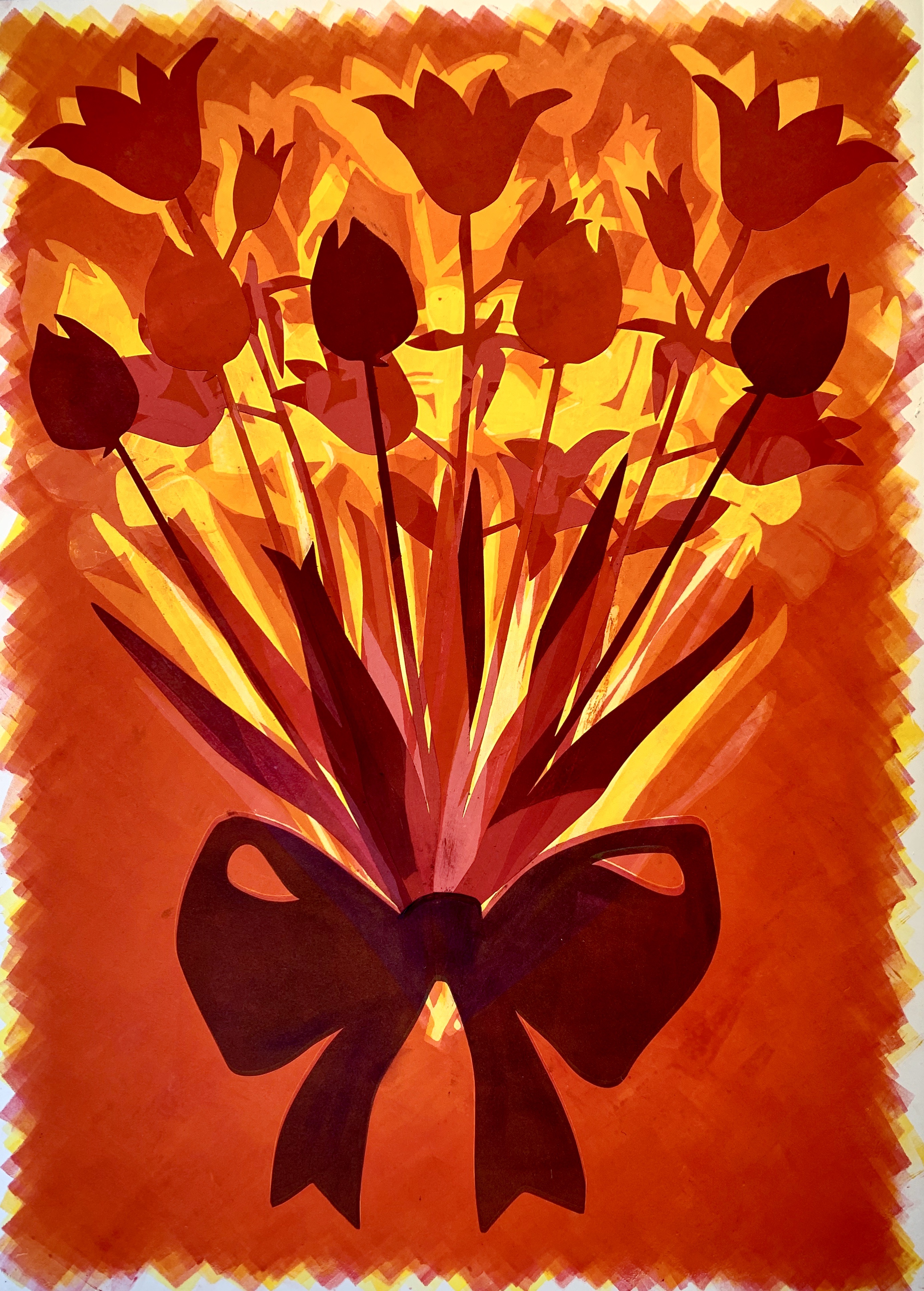 Flame Bouquet #1, 28\"h x 20\"w, monoprint w/ pochoir on Arches88, 2022