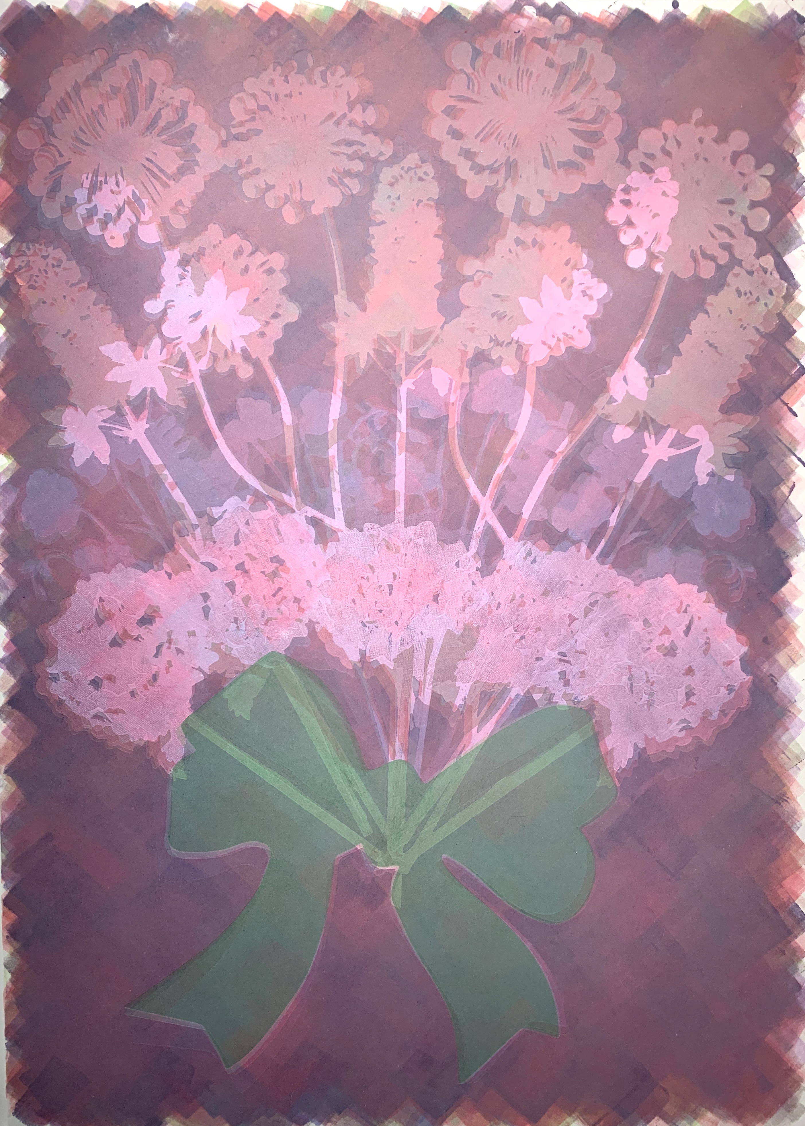 Lavender, Pink & Green Bouquet, 28\"h x 20\"w, monoprint w/ pochoir on Arches88, 2022