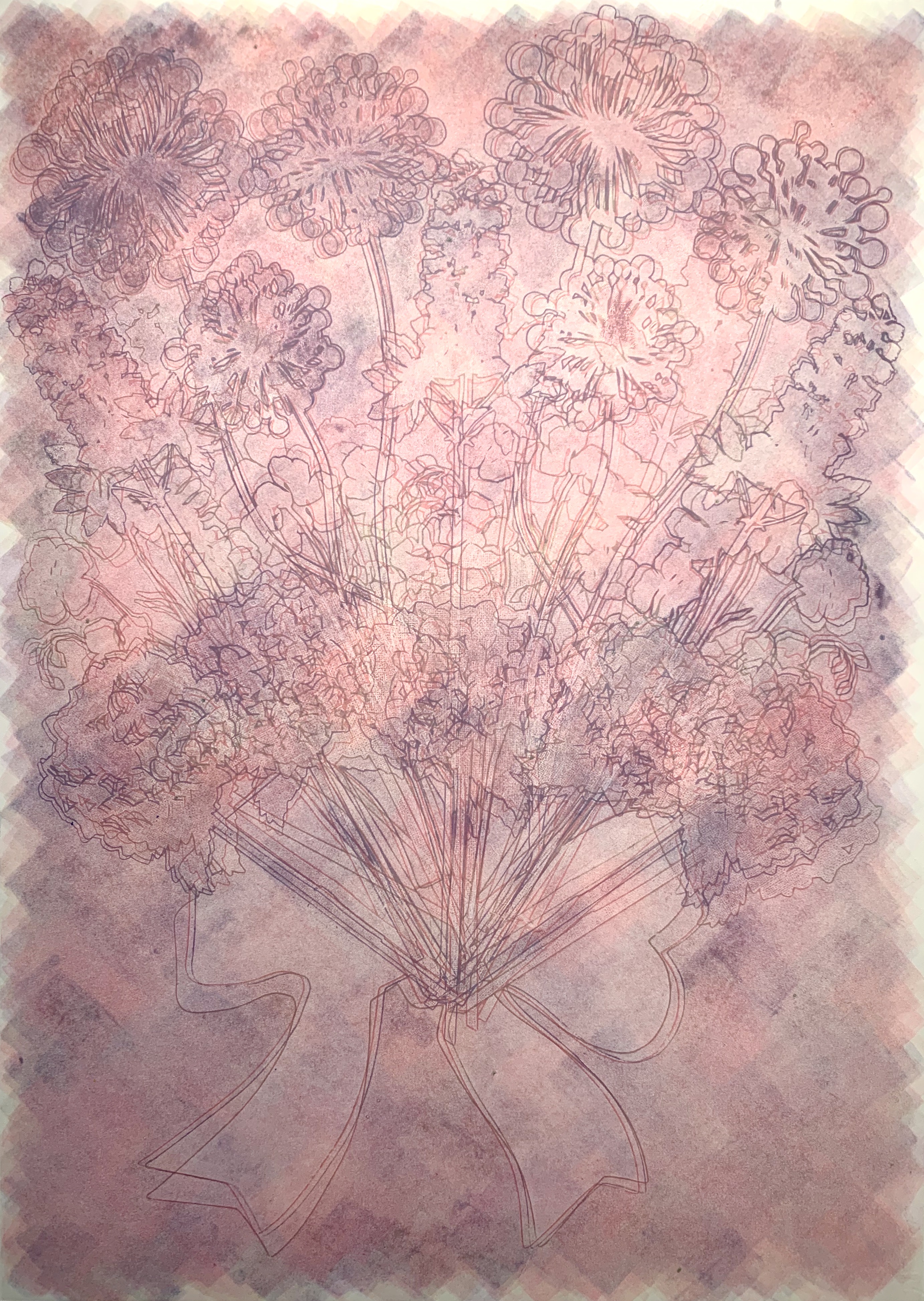 Lavender, Pink & Green Ghost Bouquet, 28\"h x 20\"w, monoprint w/ pochoir on Arches88, 2022