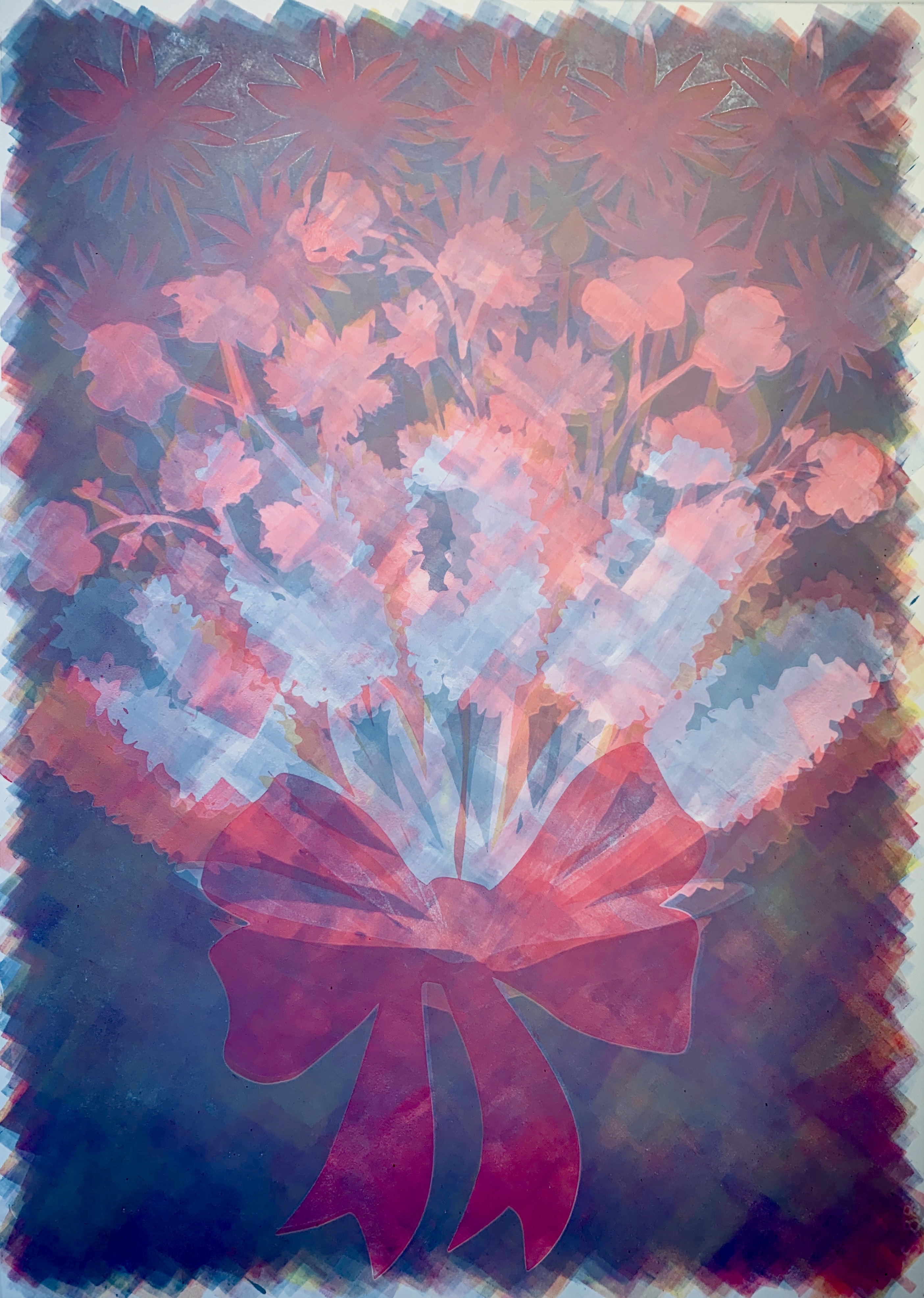 Pink & Blue Bouquet, 28\"h x 20\"w, monoprint w/ pochoir on Arches88, 2022