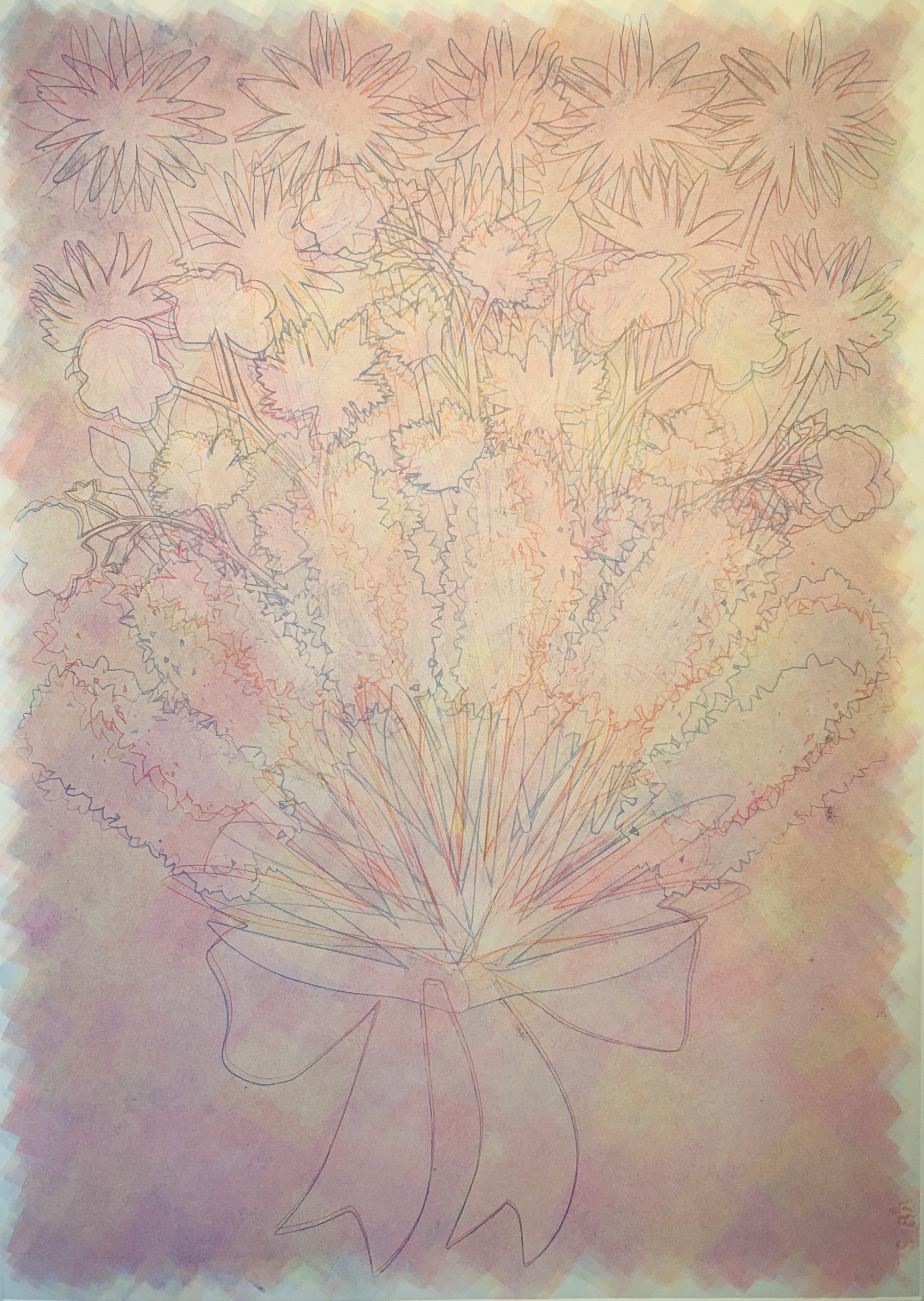 Pink & Blue Ghost Bouquet, 28\"h x 20\"w, monoprint w/ pochoir on Arches88, 2022