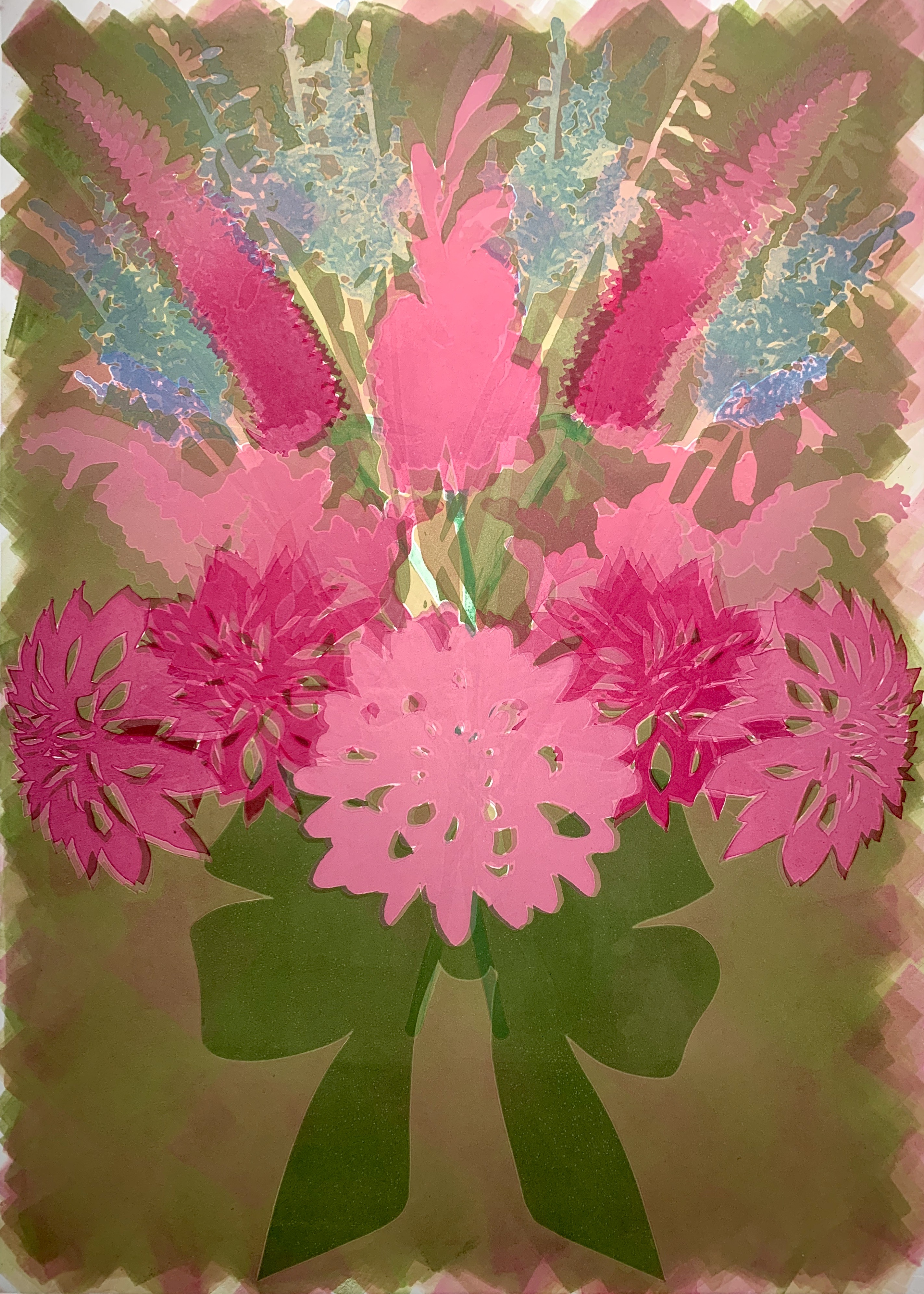 Pink, Chartreuse, & Olive Green Bouquet, 28\"h x 20\"w, monoprint w/ pochoir on Arches88, 2022