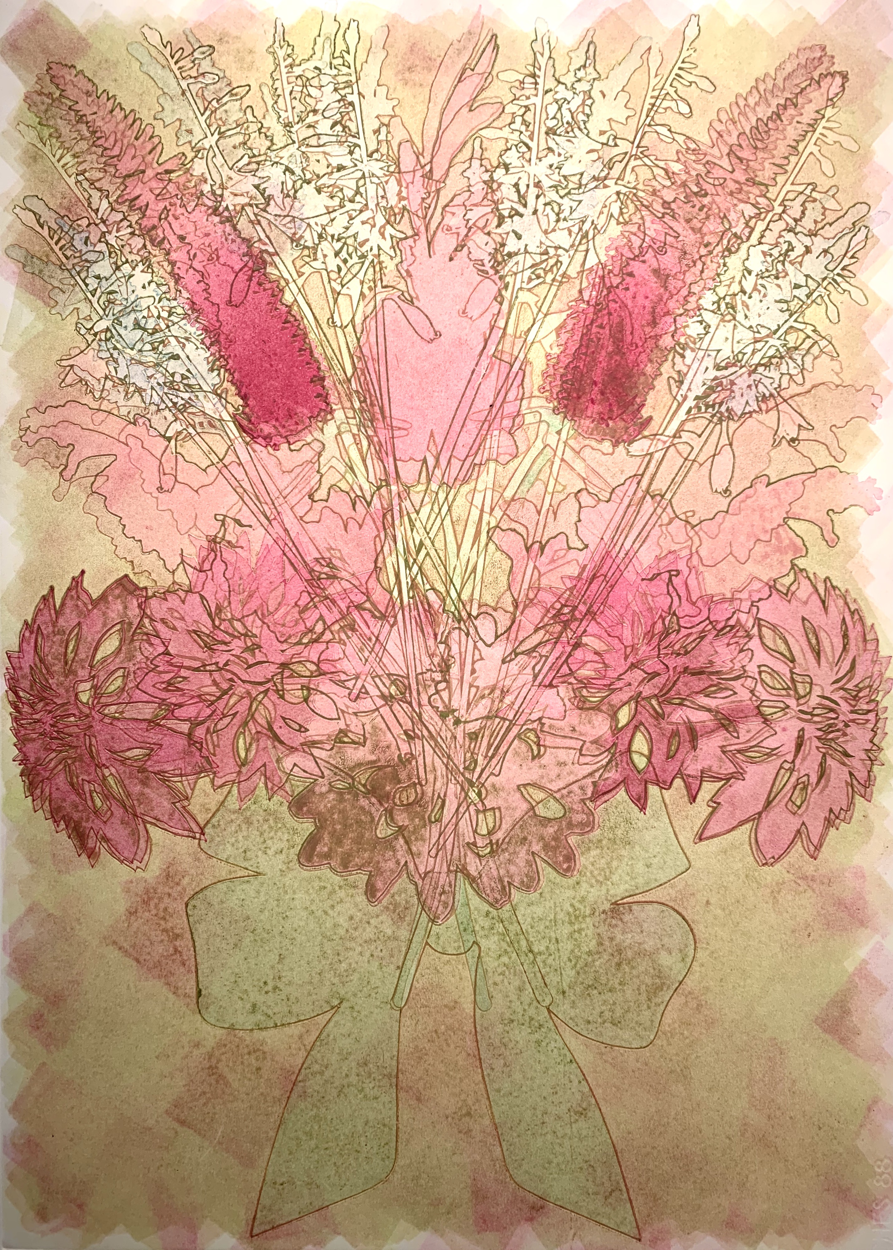 Pink, Chartreuse, & Olive Green Ghost Bouquet, 28\"h x 20\"w, monoprint w/ pochoir on Arches88, 2022