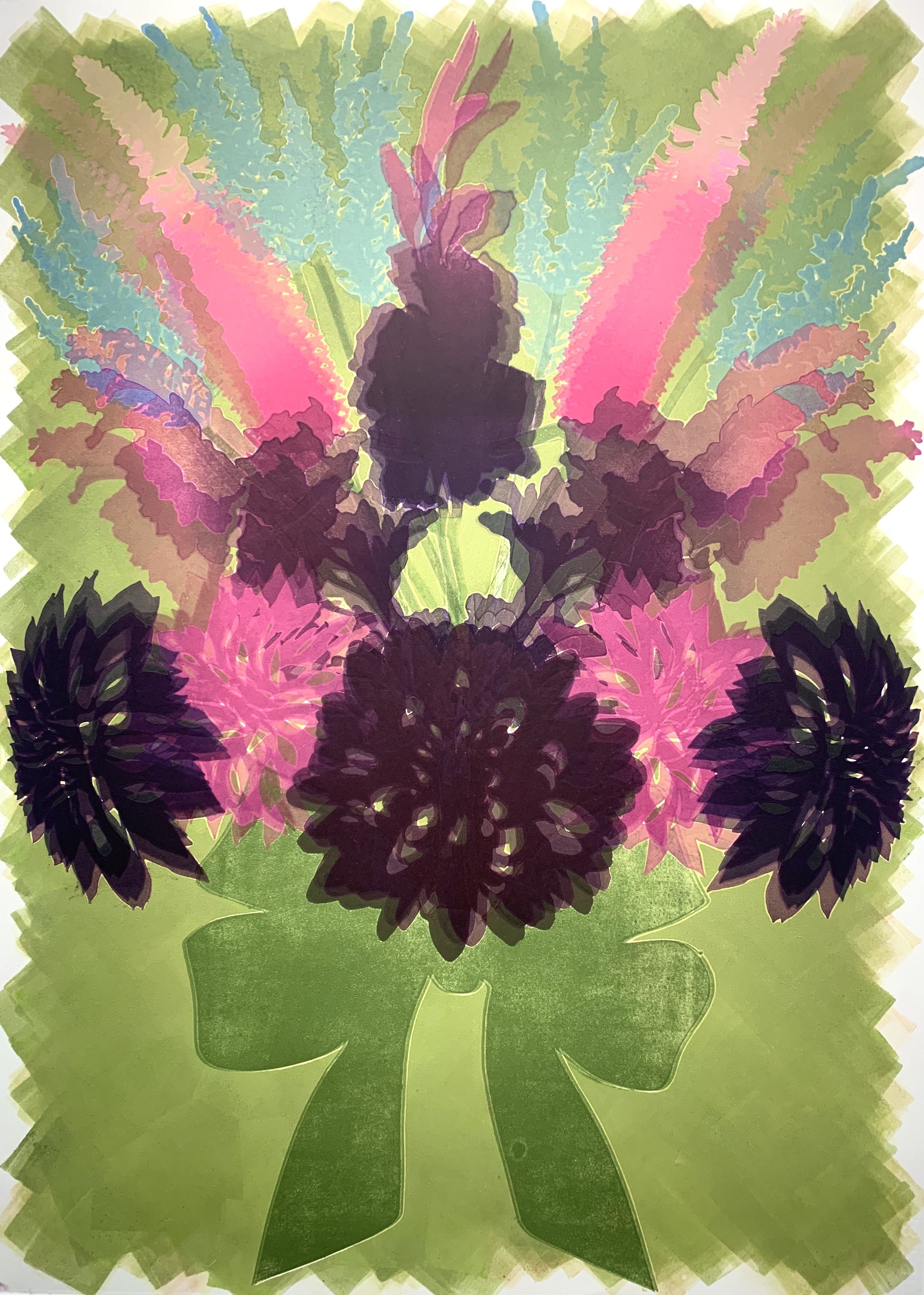 Purple, Magenta, & Olive Green Bouquet, 28\"h x 20\"w, monoprint w/ pochoir on Arches88, 2022
