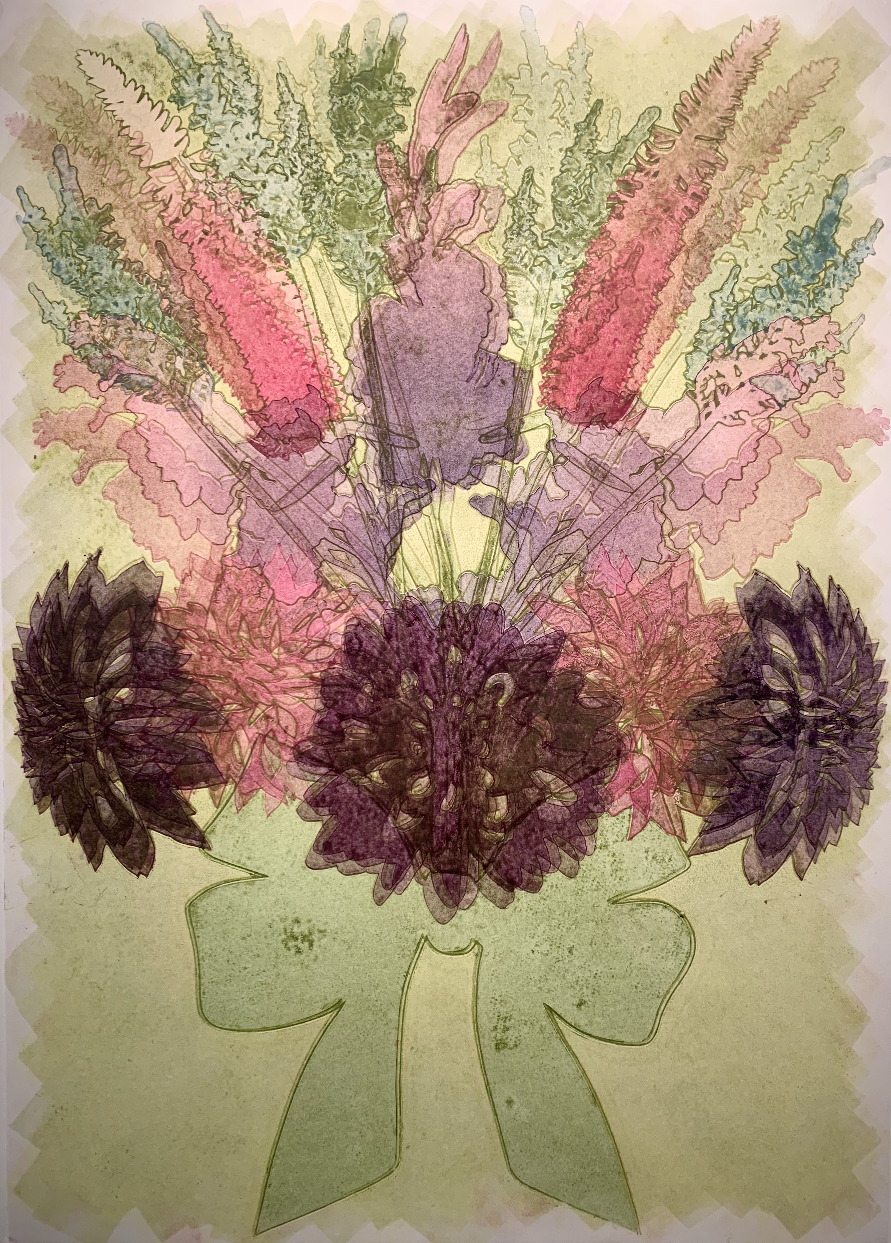 Purple, Magenta, & Olive Green Ghost Bouquet, 28\"h x 20\"w, monoprint w/ pochoir on Arches88, 2022