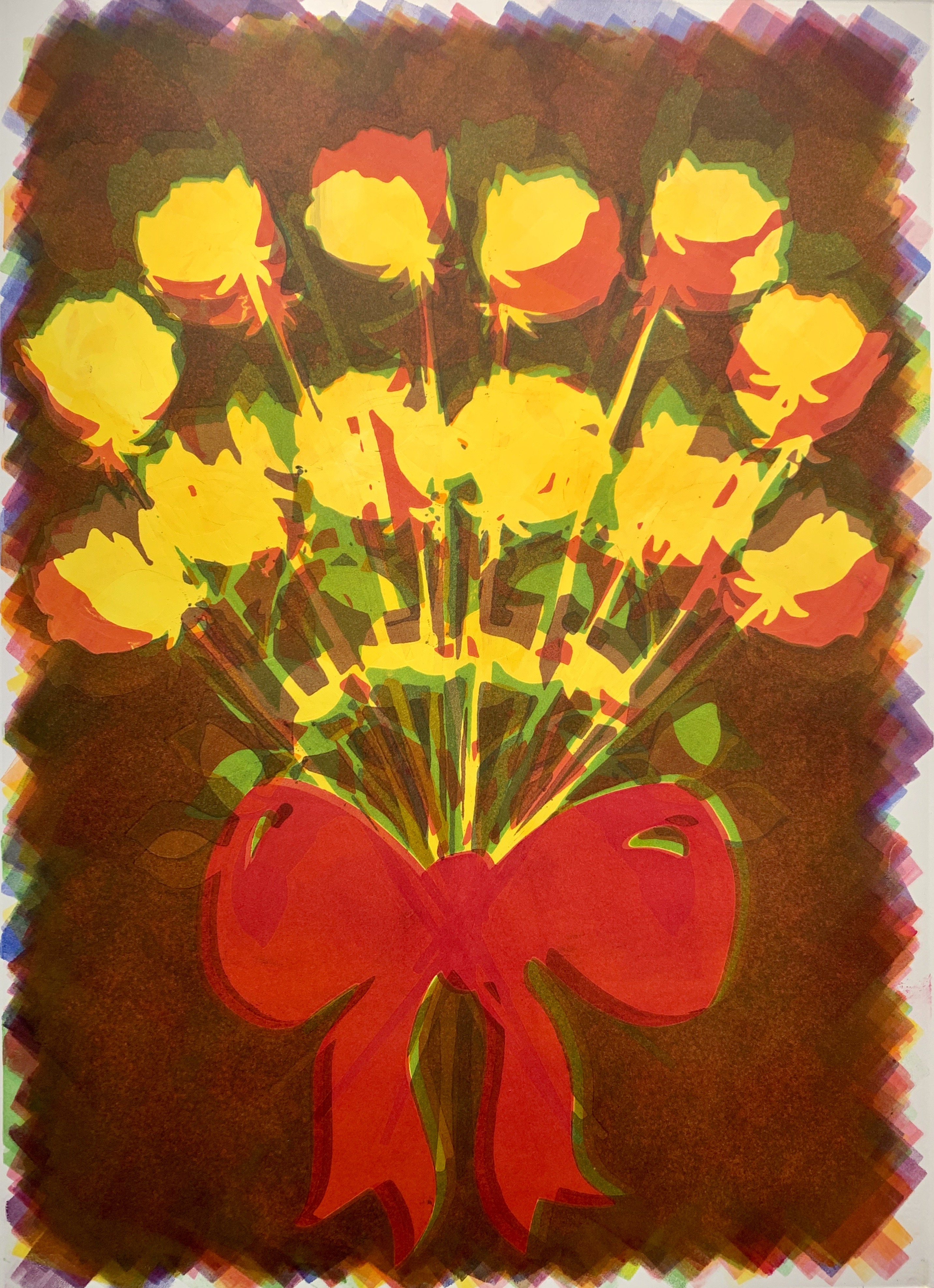 Rainbow Rose Bouquet, 28\"h x 20\"w, monoprint w/ pochoir on Arches88, 2022