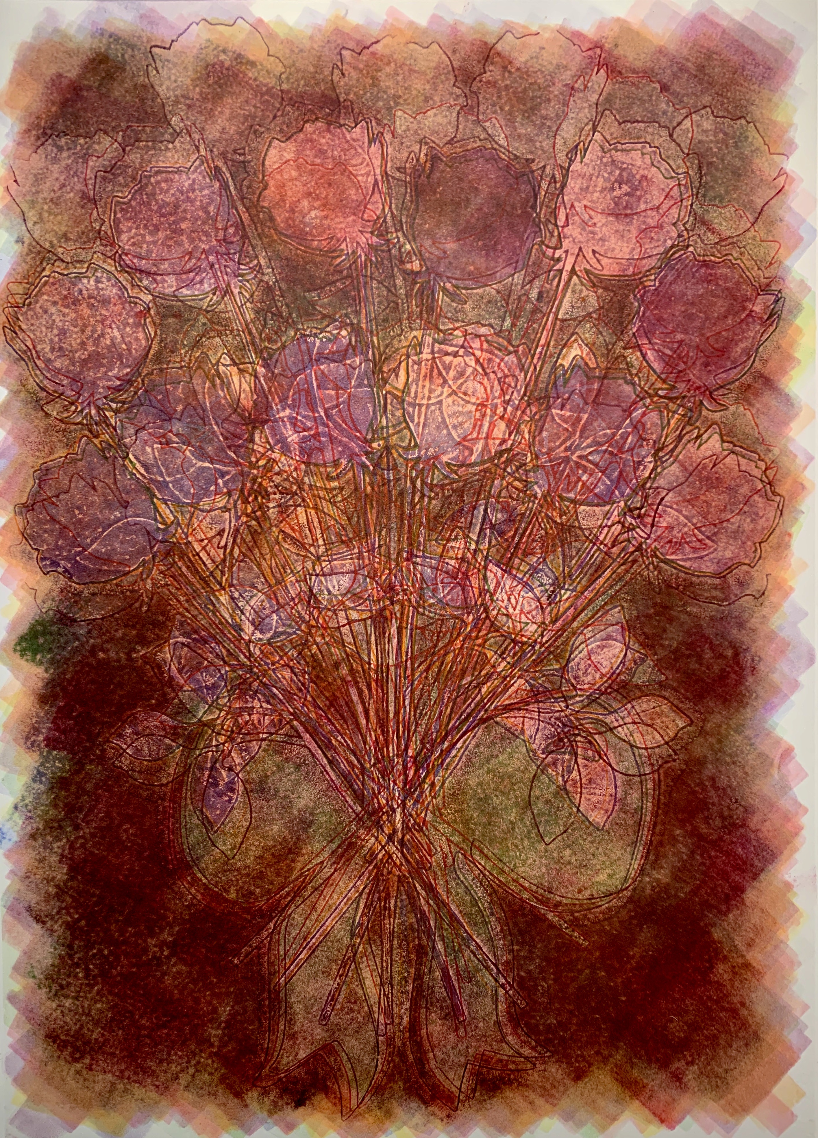 Rainbow Rose Ghost Bouquet #1, 28\"h x 20\"w, monoprint w/ pochoir on Arches88, 2022