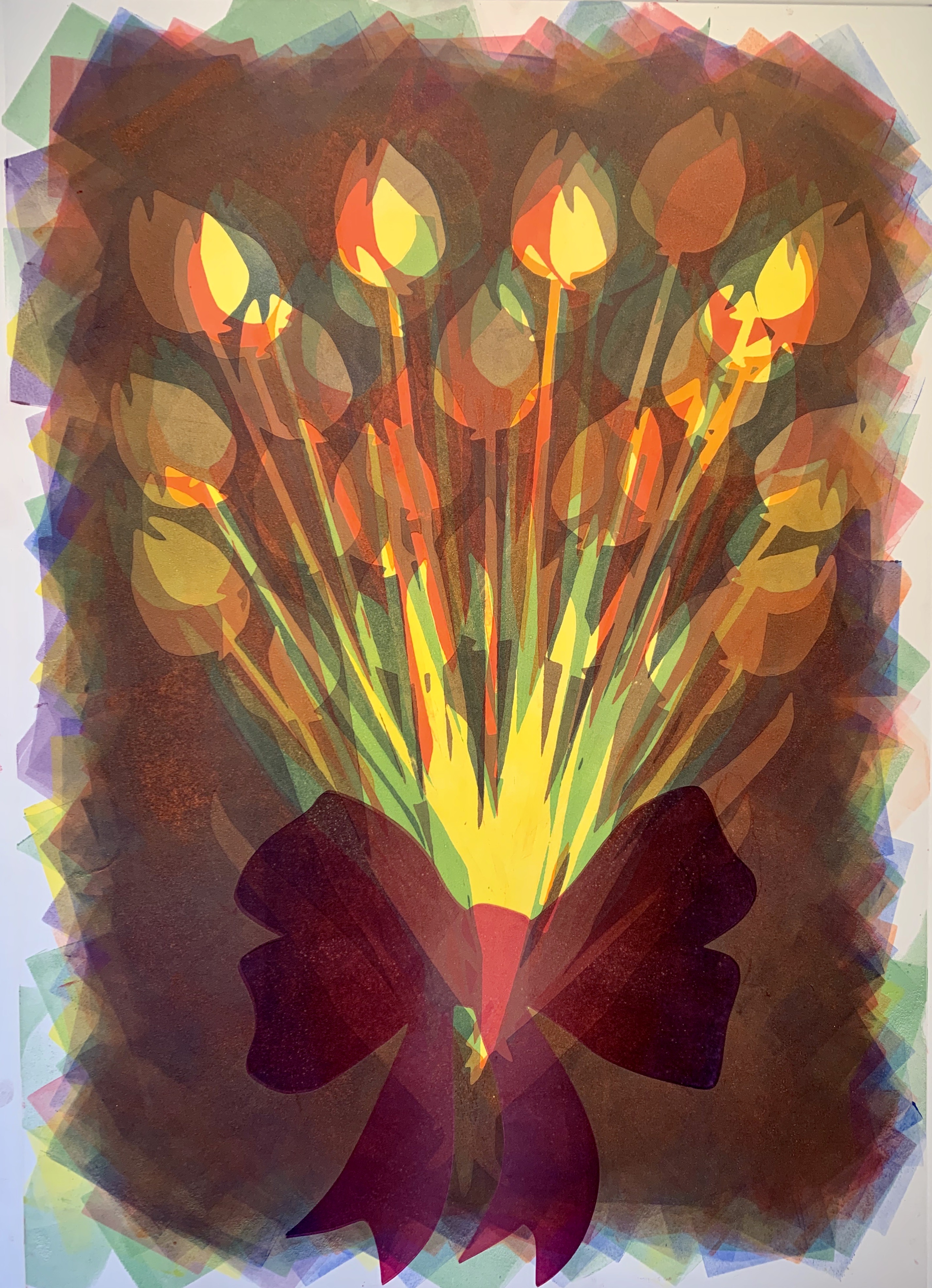 Rainbow Tulip Bouquet 1, 28\"h x 20\"w, monoprint w/ pochoir on Arches88, 2022