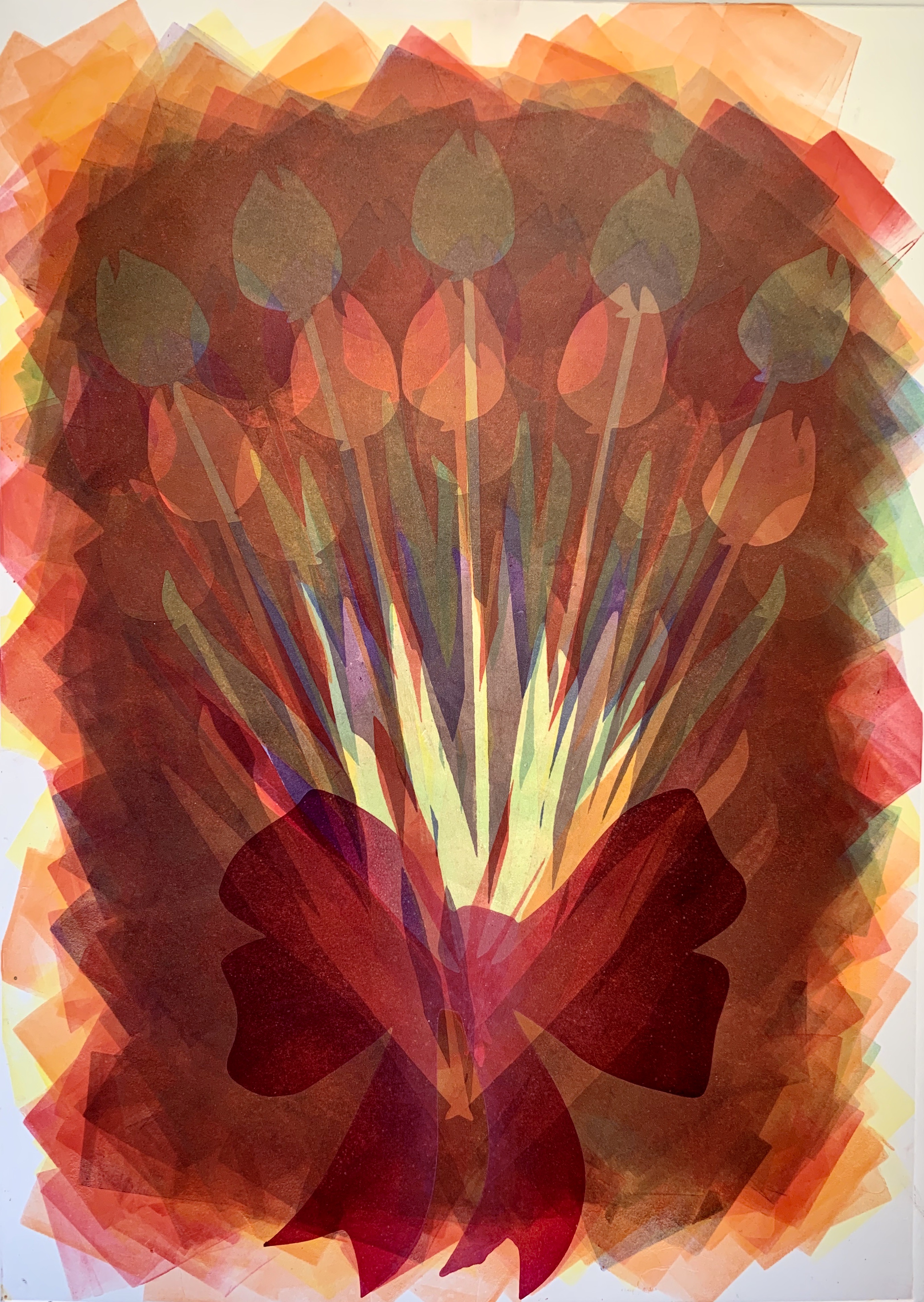 Rainbow Tulip Bouquet 2, 28\"h x 20\"w, monoprint w/ pochoir on Arches88, 2022