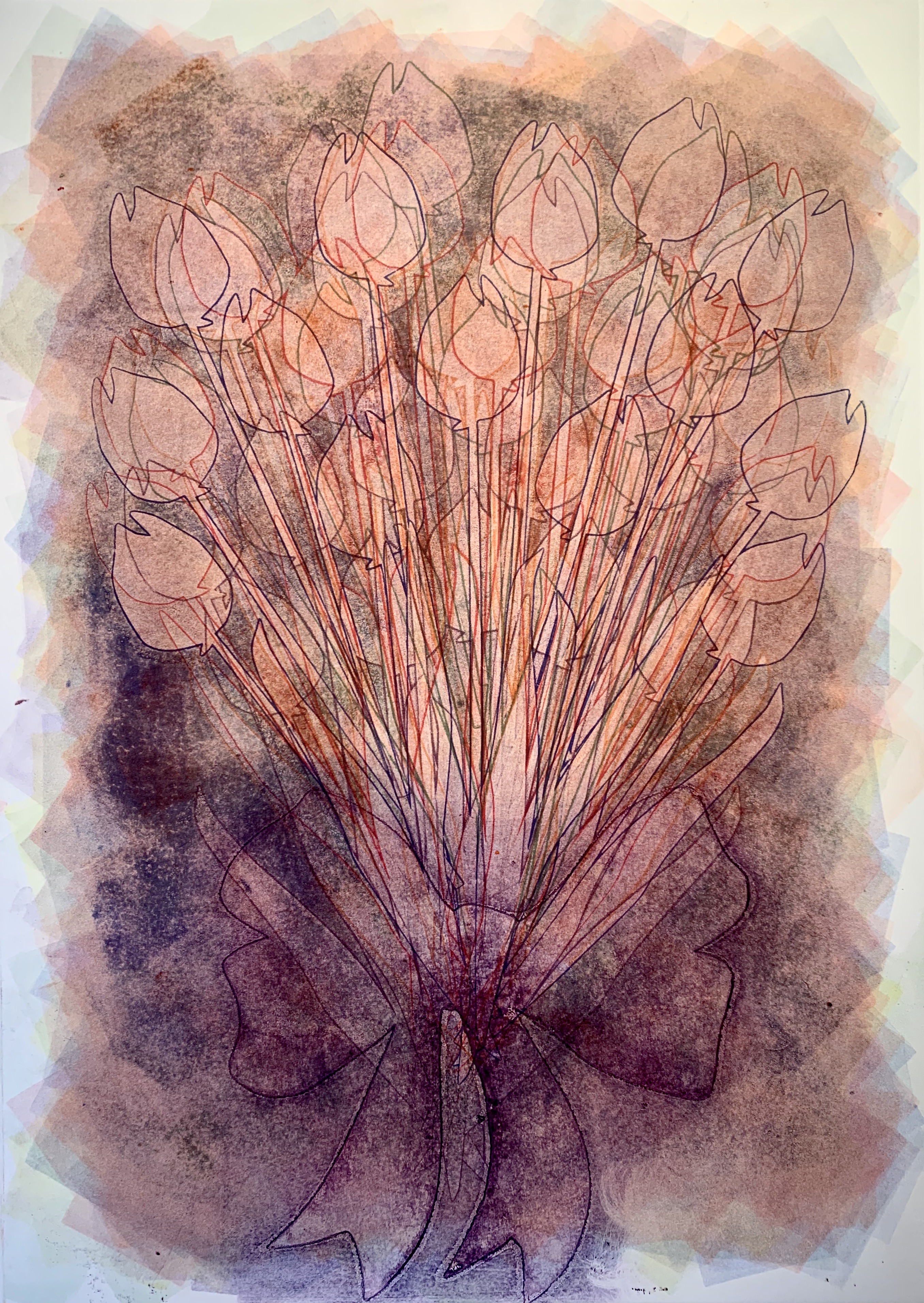 Rainbow Tulip Ghost Bouquet 1, 28\"h x 20\"w, monoprint w/ pochoir on Arches88, 2022