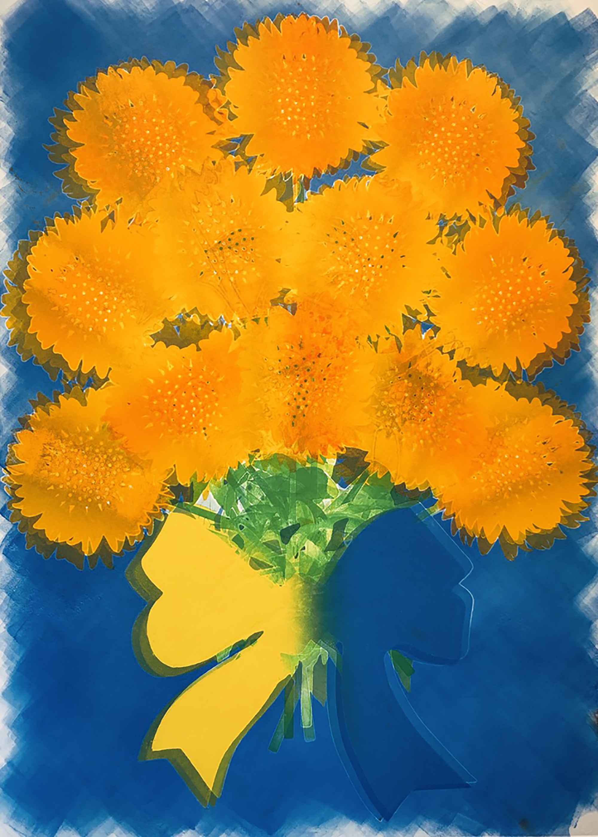 Sunflower Bouquet For Peace In Ukraine, 28\"h x 20\"w, monoprint w/ pochoir on Arches88, 2022